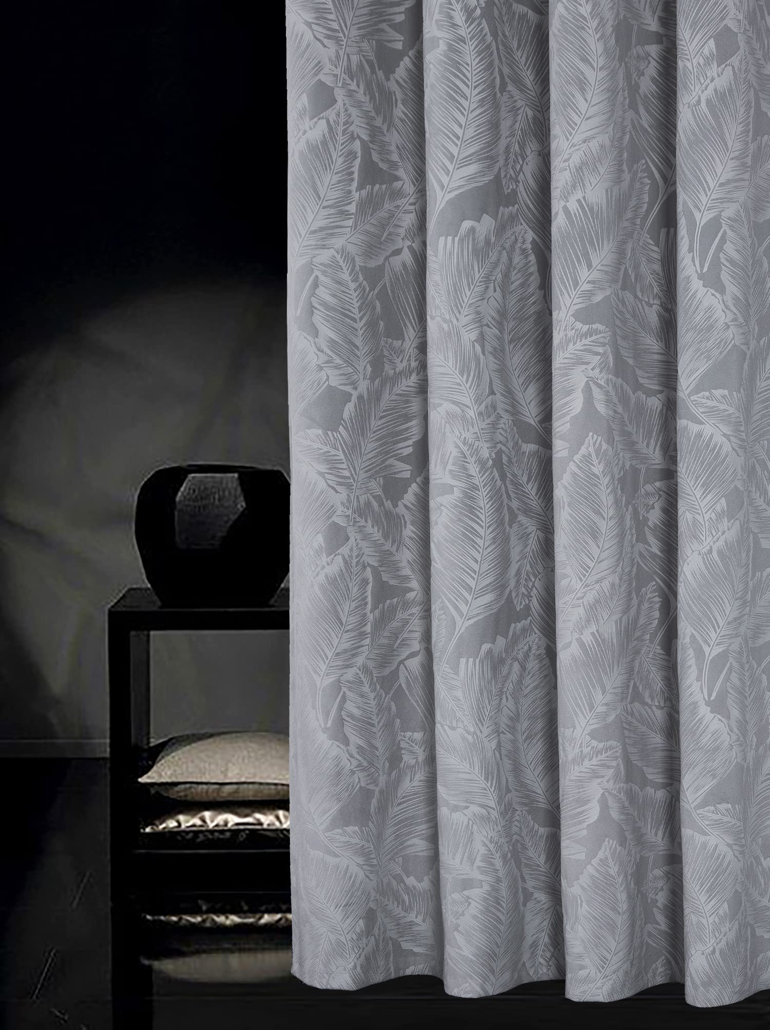 always4u Rideaux en Velours à Oeillets, Filtrage de la Lumière Isolation Thermique, Procédé de Laminage, Impression de Feuilles, pour Salon, Chambre à Coucher et Cuisine,2 Pièces,Argent,140x260cm