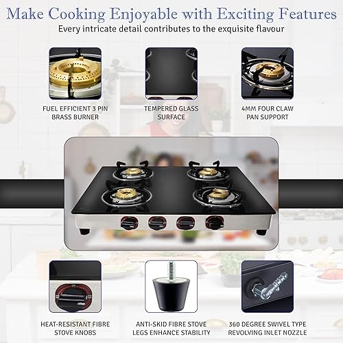 Miniatura 9 de Estufa de gas con 4 quemadores - Estufa de gas propano de vidrio templado RV - Estufa portátil de gas inoxidable para cocinar - Con manguera y