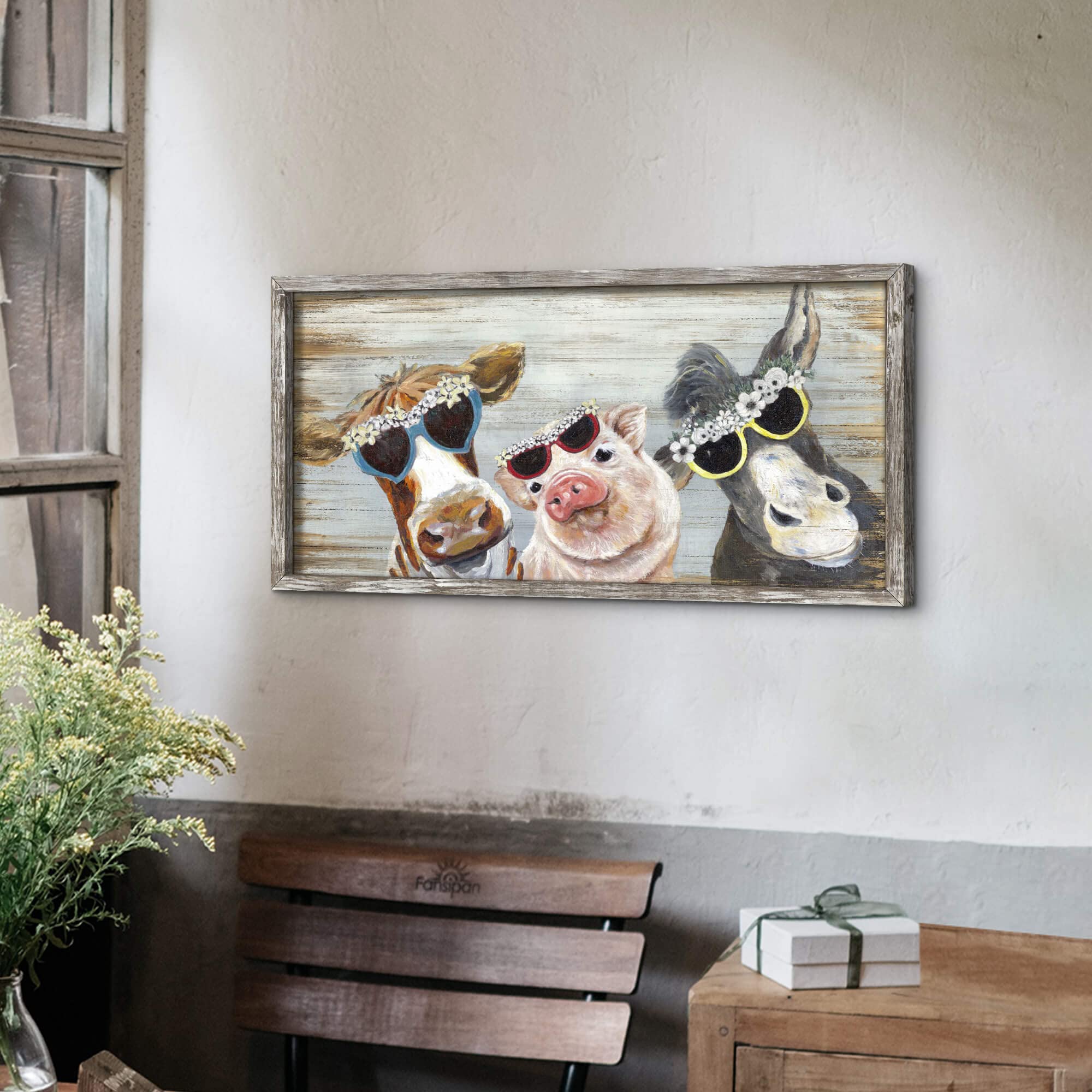 Tableau Toile Animaux De La Ferme - Cochon, Vache, Coq - Cadre Bois 30,5x40,6 Cm - Décoration Murale Salon Chambre