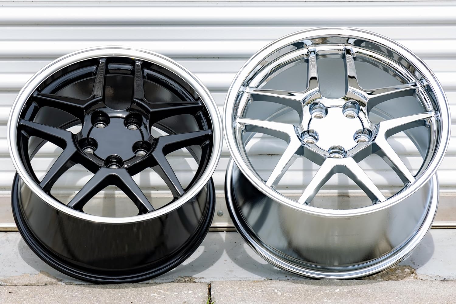 OE Wheels CV04 17 Inch Rims Fit Corvette C5 Z06 Style 5x120.65 17x9.5 / 18x10.5 Gloss Black Machined Lip - Hollander 5123 (Set of 4)