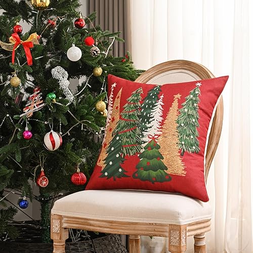 Miniatura 4 de FUTEI Juego de 2 fundas de almohada decorativas para árbol de Navidad de 18 x 18 pulgadas, fundas de cojín de lino rojo navideño, almohadas de