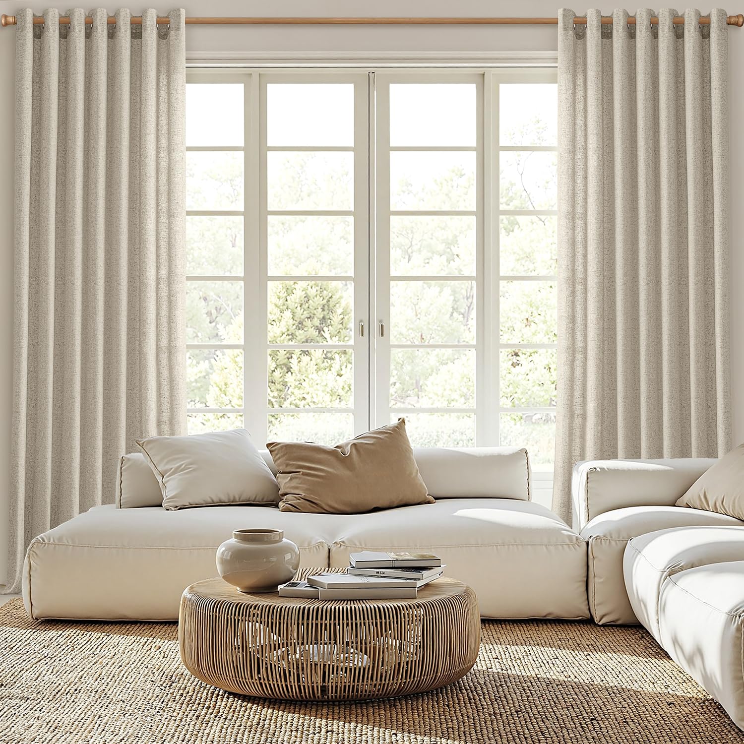 MIULEE Rideau Lin Beige Voilage Salon L 140 x H 260 cm Rideaux Voilage à Oeillets Rideaux et Draperies Intérieurs Modernes pour Chambre Fenêtre Salon Semi-Transparent 2 Panneaux
