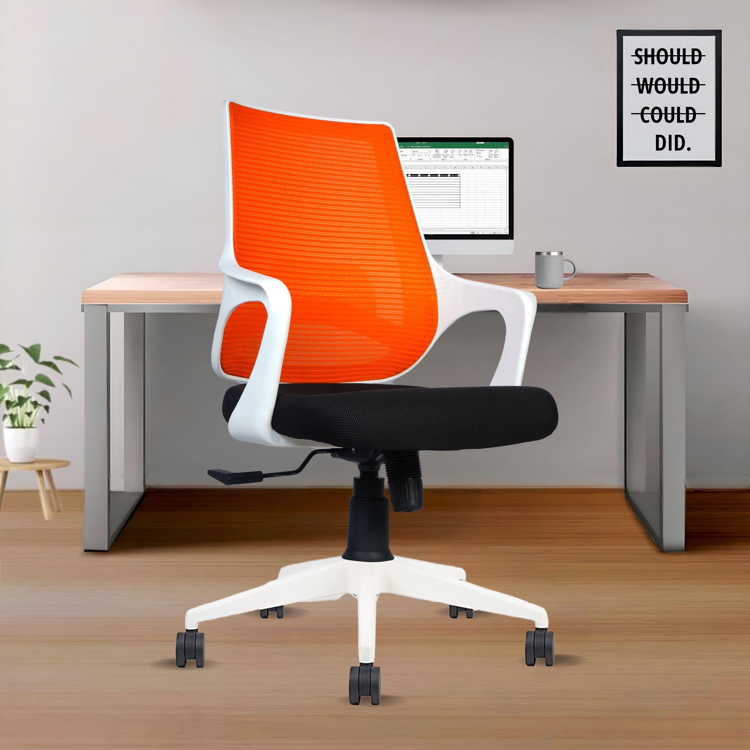 beAAtho® Grace Ergonomic Mesh Mid Back Revolving Office Chair with 3 Years Warranty, Heavy Duty Metal Base (Grace, White-Orange)