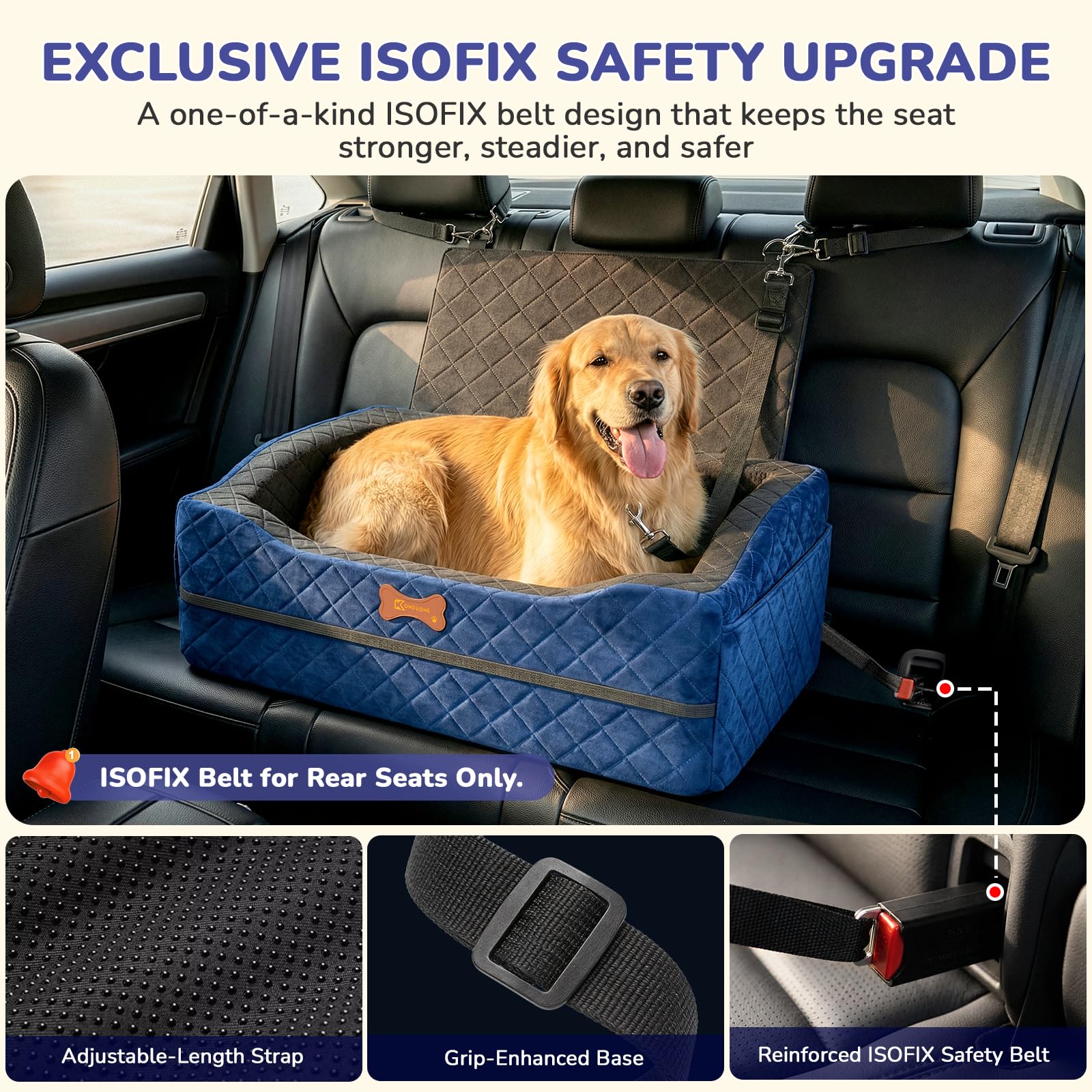 Hunde-Autositz für mittelgroße und große Hunde, 10,2 cm, erhöhter Hundesitz mit ISOFIX-Sicherheitsfixierung, waschbarer Bezug und hochdichtem Memory-Schaum, tragbar für Auto vorne/hinten/Kofferraum