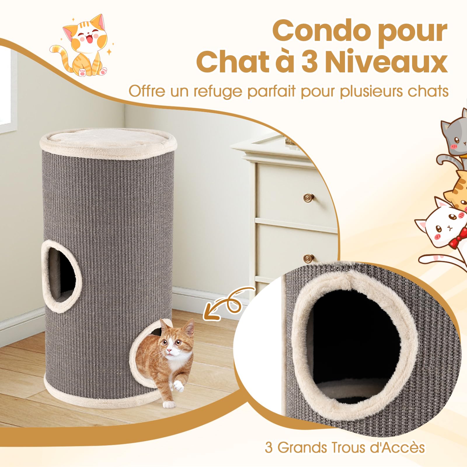 GYMAX Tonneau à Gratter pour Chat 70cm avec 3 Cachettes, Tour à Griffer Chat avec Perchoir en Peluche, Griffoir en Sisal, Entrées, Meuble Colonne Multi-Niveaux pour Chatons, Ø 36 cm