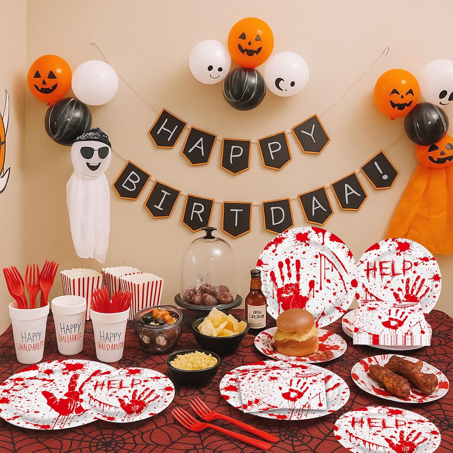 100 Pieces Halloween Bloody Handprint Tableware Set, Blood Splatter Plates, Napkins, and Red Plastic Forks for Halloween, Horror Birthday, Zombie Murder Mystery Dinner Party Supplies