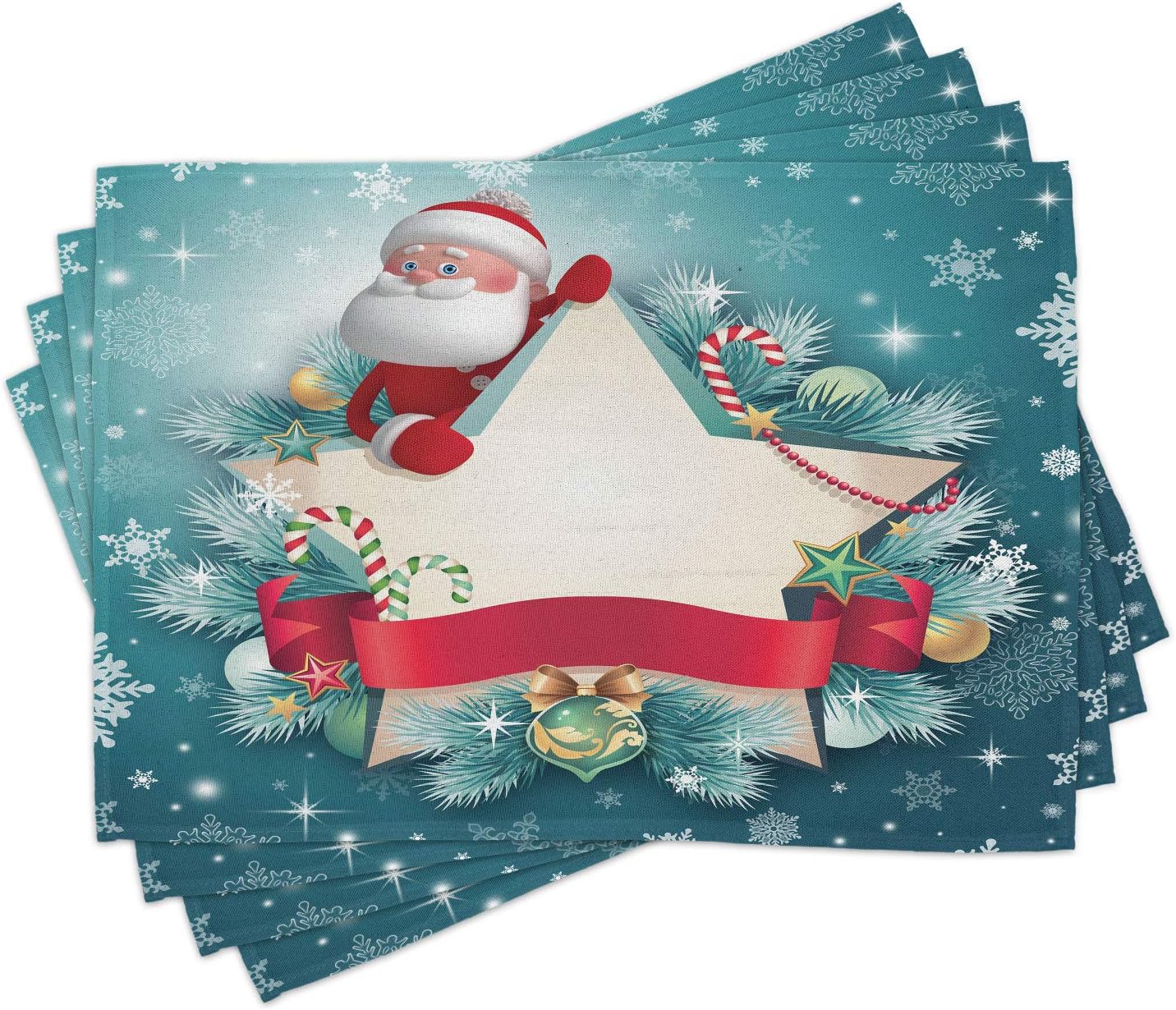 Ambesonne Christmas Place Mats Set of 4, Santa Claus Star Banner Snowflakes Ribbon and Candy Cane Tree Winter Season Theme, Washable Fabric Placemats for Dining Table, Standard Size, White Red