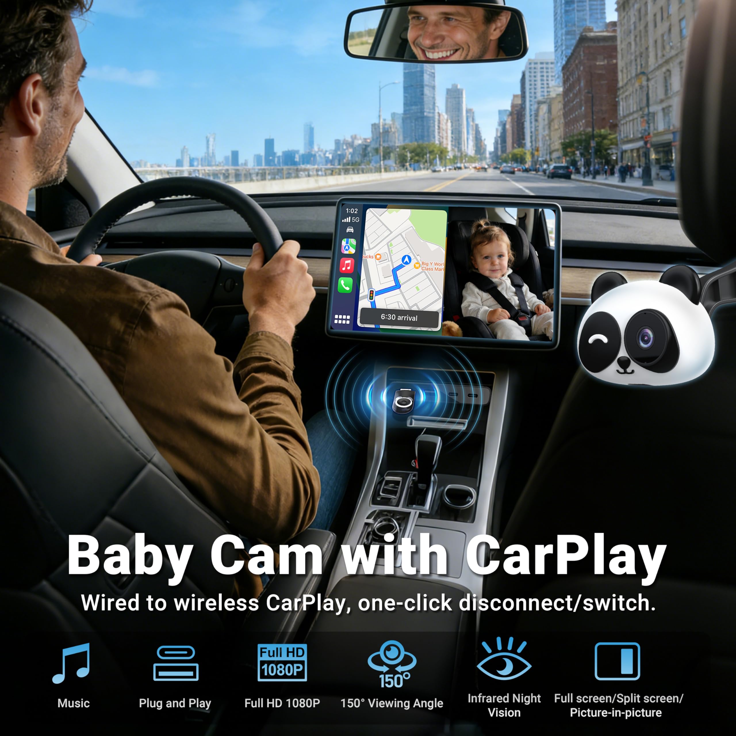 MINIX CA520 CarPlay Inalámbrico Cámara Bebé Coche para iPhone Solo (no Android Auto), Monitor Bebé Asiento Trasero 1080P, Visión Nocturna, Ángulo Amplio 150°, Baja Latencia para CarPlay cable original