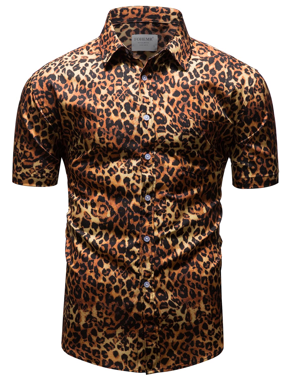fohemrMens Leopard Print Shirt Short Sleeve Casual Button Down Retro Cheetah Printed Shirt