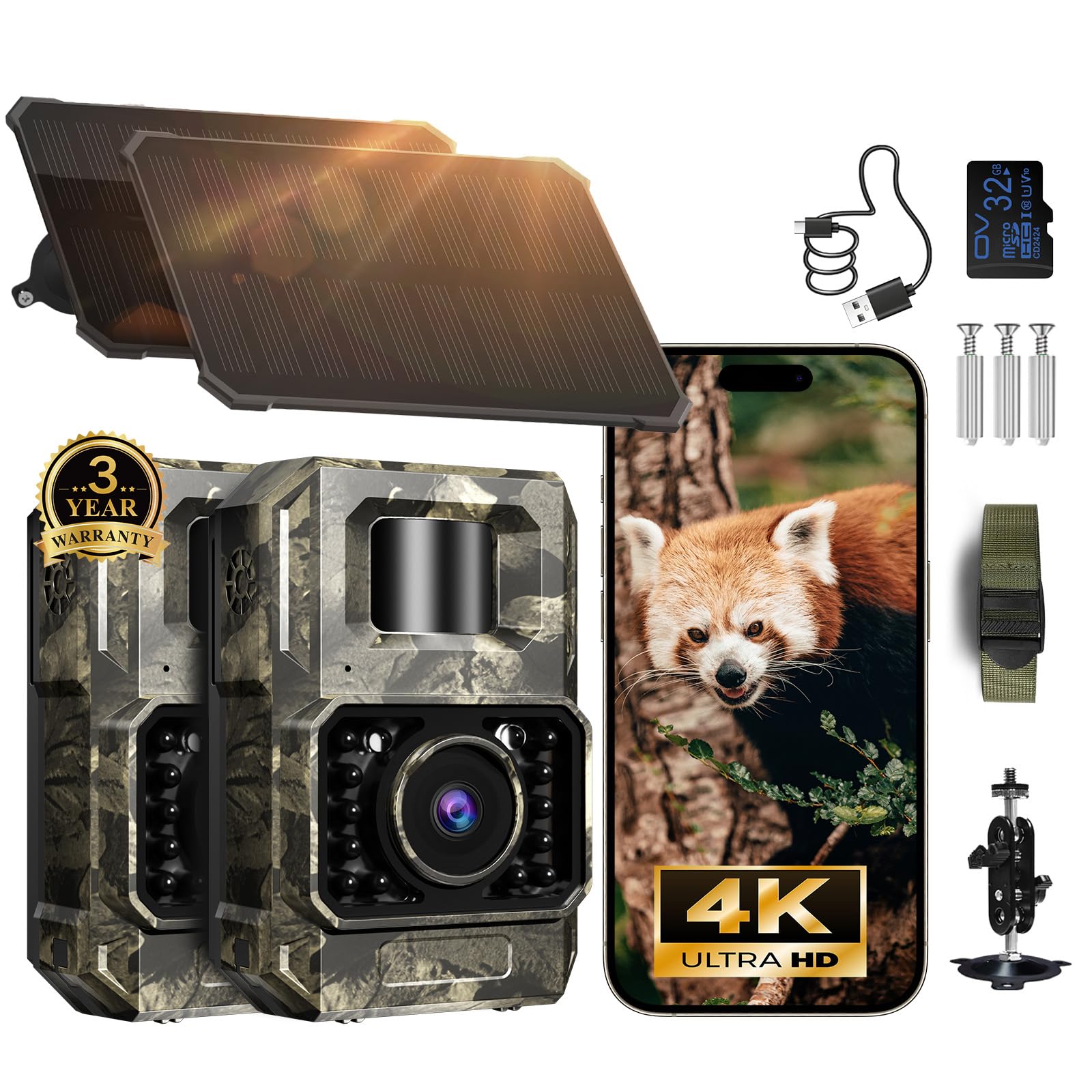 Photo 1 of MAXDONE Solar Trail Camera 2 Pack - 4K 64MP WiFi Bluetooth Solar Deer Camera with Night Vision Motion Activated, Game Camera IP66 Waterproof, Wildlife Cameras Built-in Battery Rechargeable Power