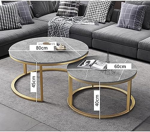 Miniatura 2 de HM&DX Juego de 2 mesas de centro modernas anidables, redondas de mármol sintético, con marco de metal, apilables, mesas auxiliares industriales,