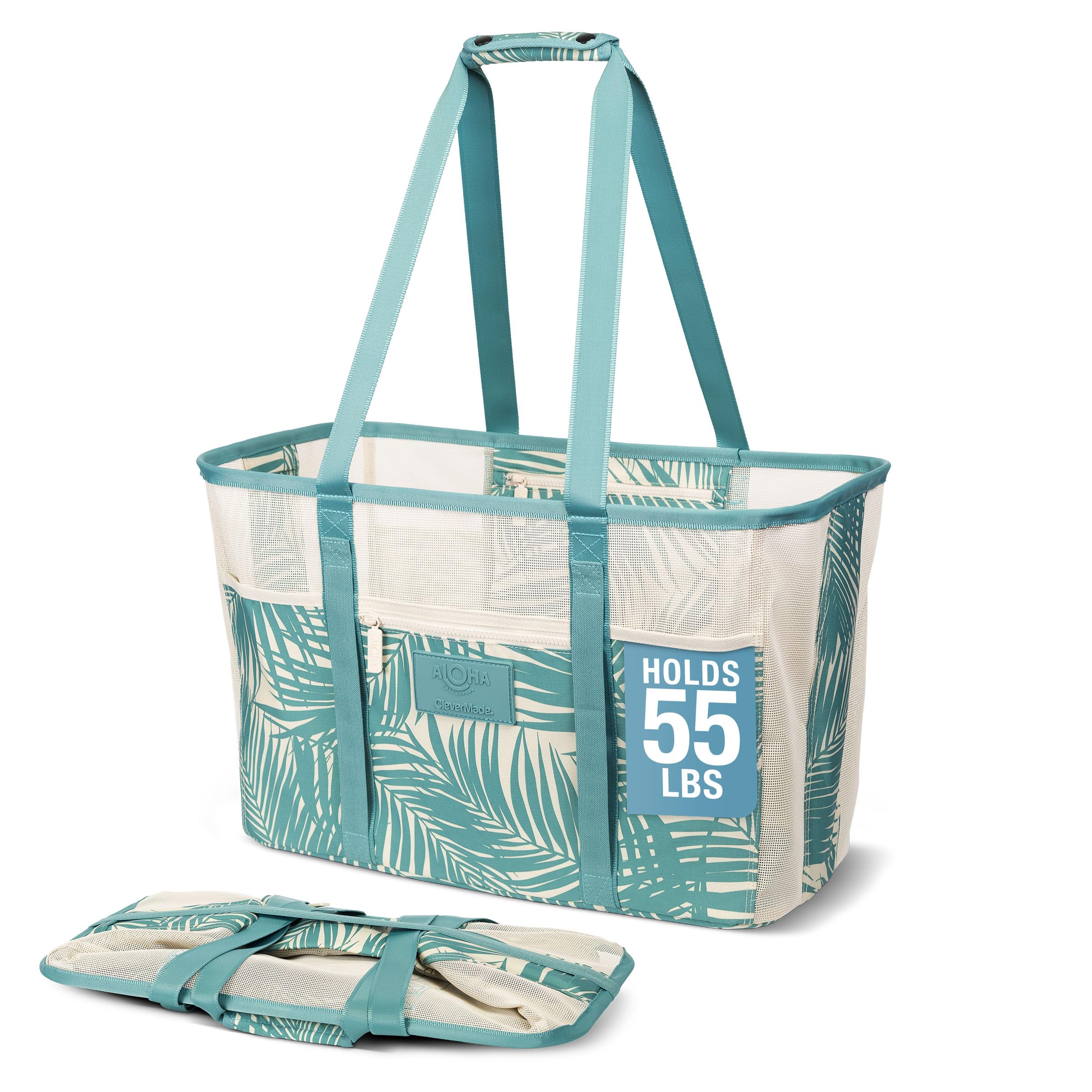 CleverMade Beach Mesh Tote, 42L Beach Bag with Mesh Panels | Shake Out Sand Before Heading Home | Breathable Panels Release Debris, While the Structured Base Stays Open for Easy Packing Areca Teal