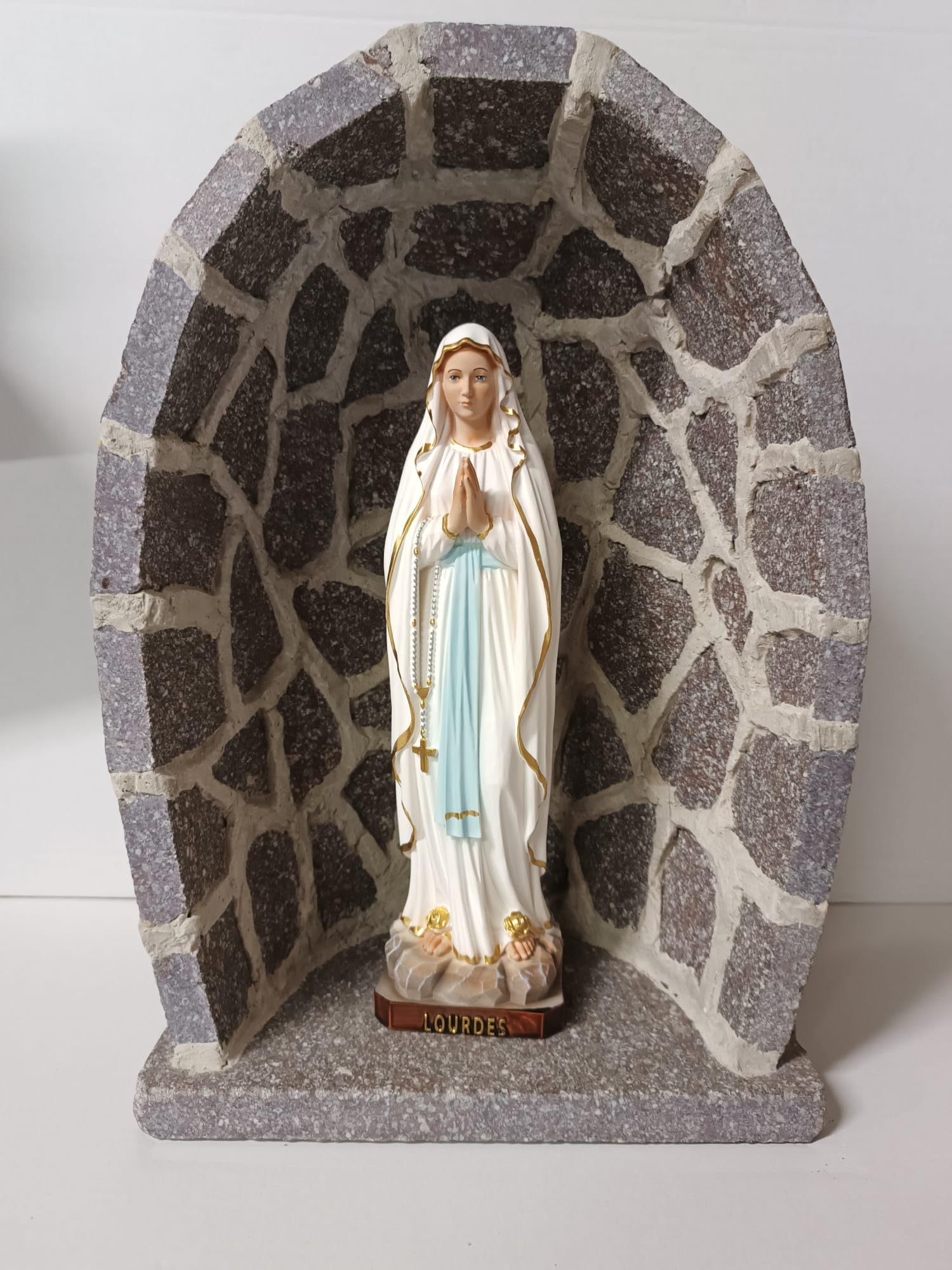 Generico ArteSacraCaravaggio Grotta in porfido cm 41,5 x 29,5 con statua della Madonna di Lourdes cm 30 in marmo resina realizzata interamente a mano di produzione artigianale italiana
