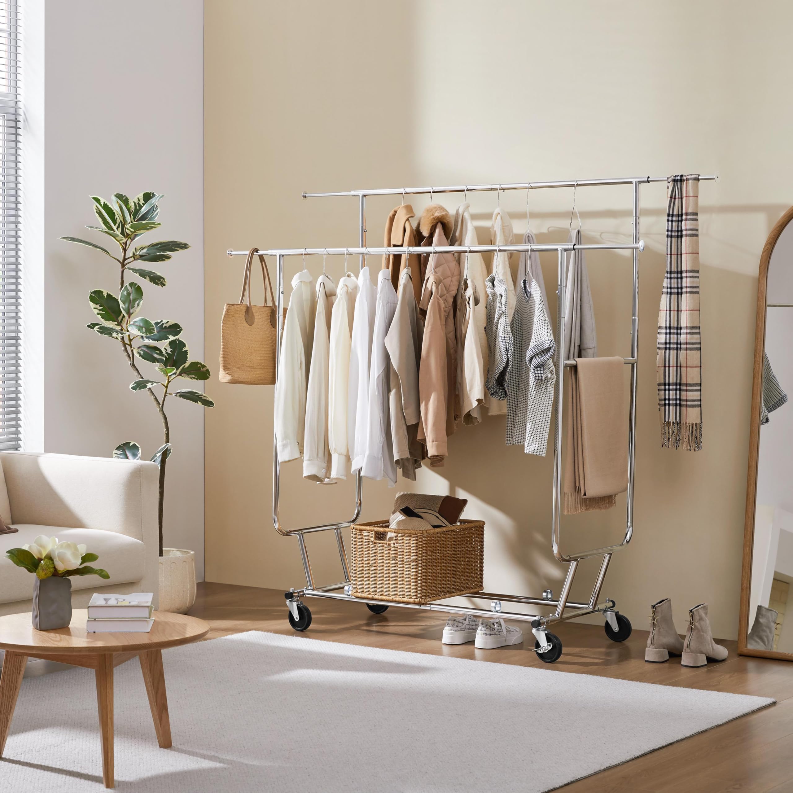 Yaheetech Perchero de Ropa con Ruedas Burro Ropa Resistente Ajustable Plata | 128-188cm Ancho 140-165cm Alto Doble Varilla Extensible Base para Zapatos Soporta 113kg