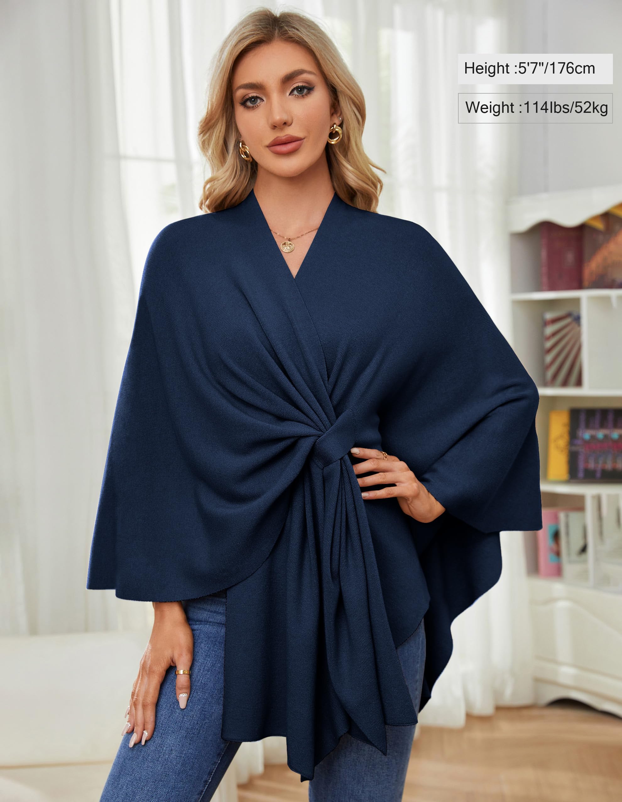 PULI Damen Elegant Poncho Strick Ponchos Capes Vorne öffnen Vielseitige Schalwickel mit Lasche