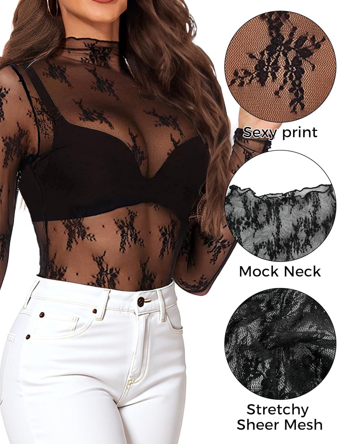 Buauty Womens Lace Long Sleeve Tops Mesh Top Sheer Blouse Sexy See Through Shirt Floral Layering Blouses - Image 5