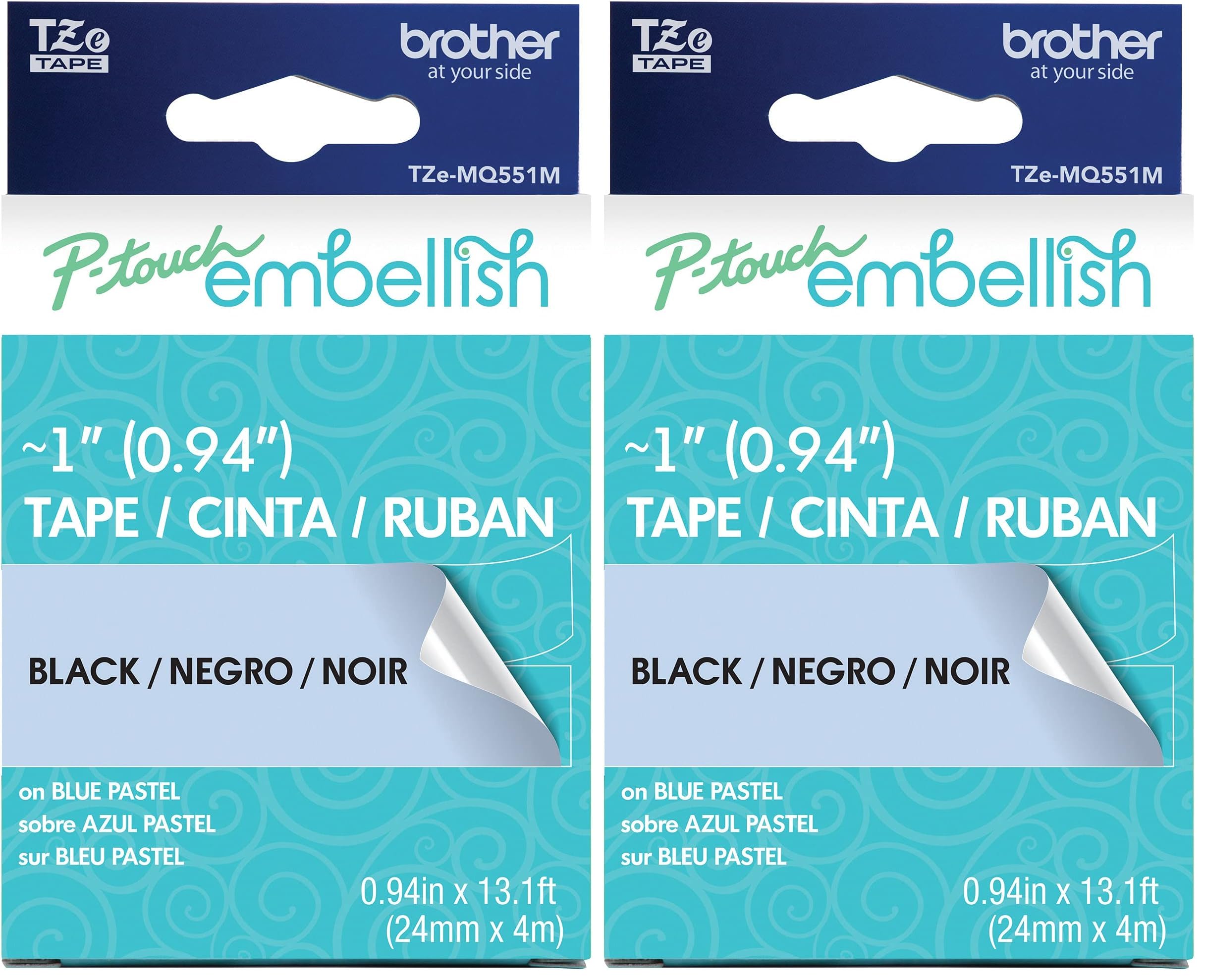 Brother P-Touch Embellish Black Print on Pastel Blue Tape TZE-MQ551M - ~1" Wide x 13.1’ Long (24mm x 4m), TZEMQ551M (Pack of 2)