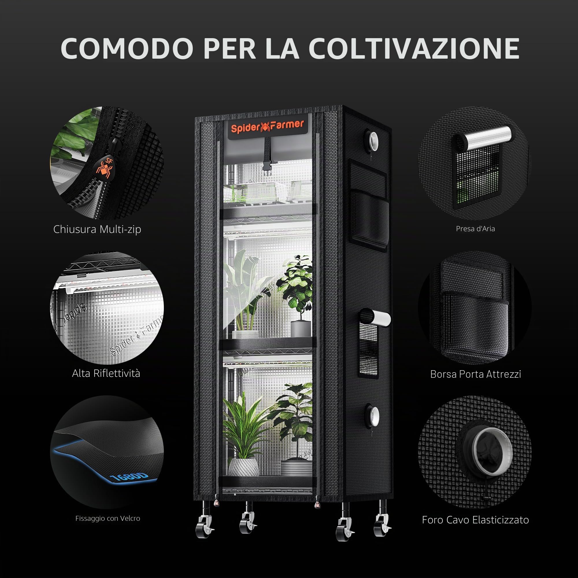 Spider Farmer Mensola per Piante a 4 Livelli, Mini Serra per Interni con 6 Luci LED a Spettro Completo da 30 cm e Tenda, per Avvio di Semi e Crescita Multi Piante 41Lx30Dx119A
