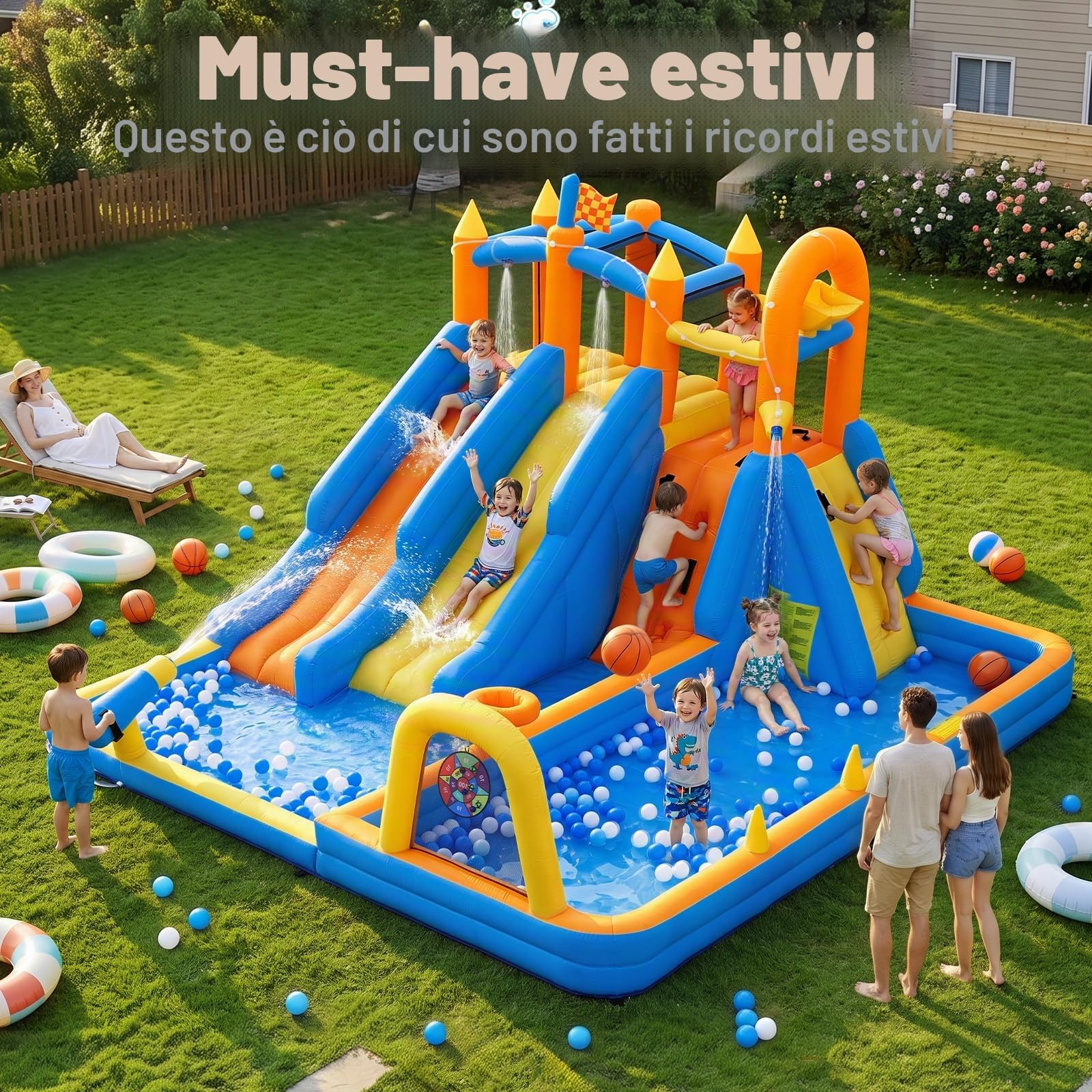 FOOING Castello Gonfiabile con 2 Scivoli Acquatici, Parete Arrampicata, Canestro Basket, Giochi da Giardino per Bambini, Piscina Esterna con Rete di Sicurezza per Feste All'aperto
