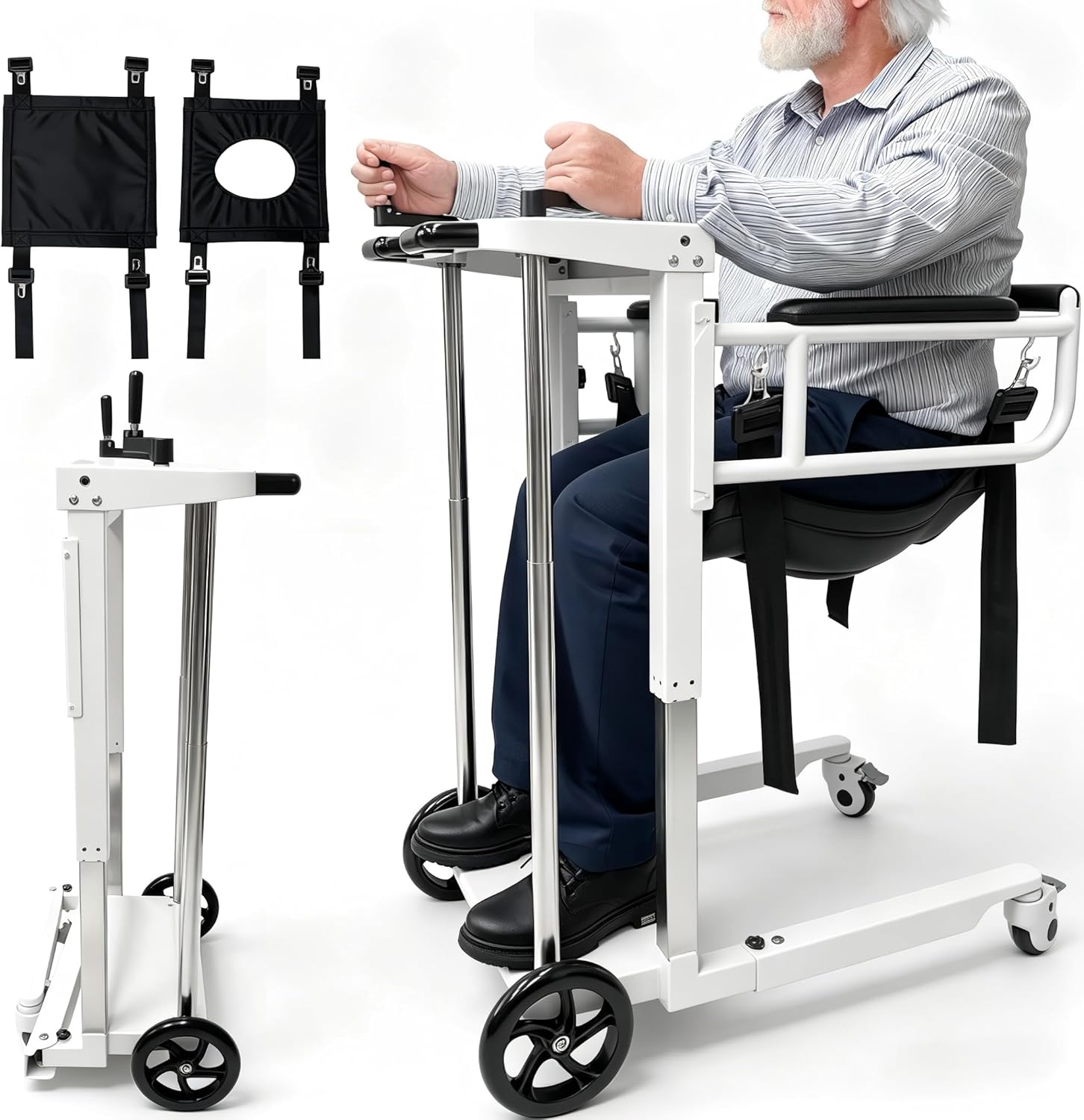 Portable Folding Patient Lift Transfer Chair for Home Use, Self-Operated Mobility Aid for Seniors, Bathroom Wheelchair with Adjustable Height, Alloy Steel, White, No Caregiver Needed
