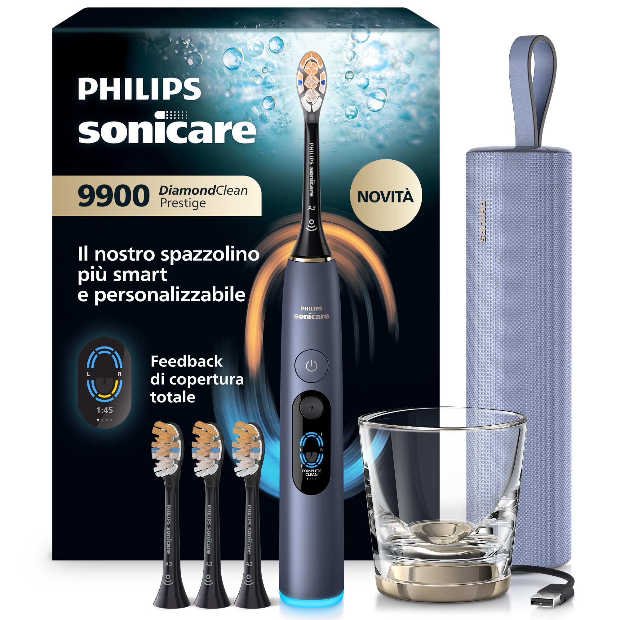 Philips Sonicare DiamondClean 9900 Prestige nouvelle génération – brosse à dents électrique avec SenseIQ, capteur de zone, capteur de pression, 24 réglages, coloris bleu tempête, modèle HX9815/98