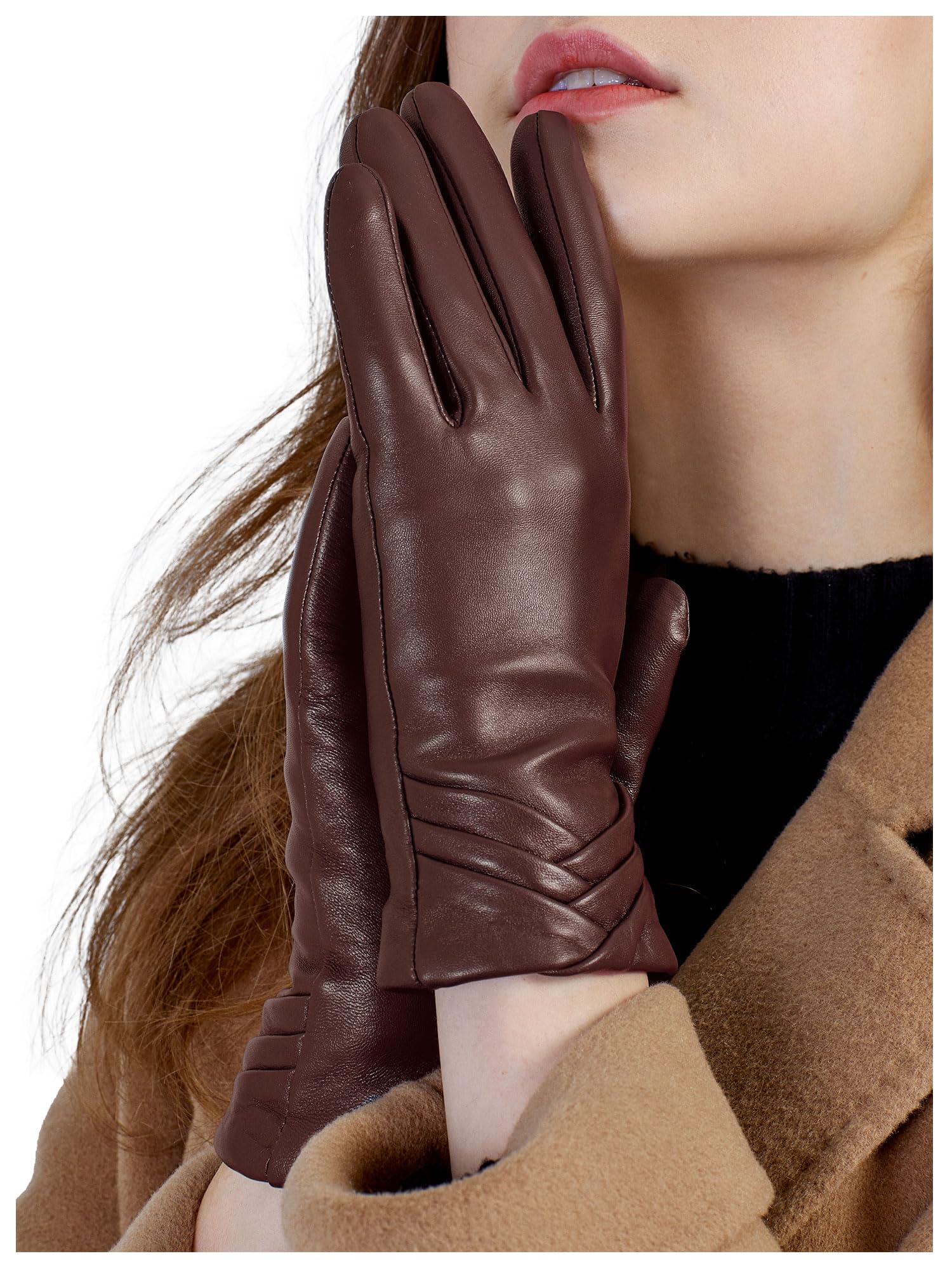 GSG SINCE 1998 Lederhandschuhe Damen aus chromfreiem Lammfell, Gefüttert mit Wolle/Kunstfell, Thermo Handschuhe mit Touchscreen W13150
