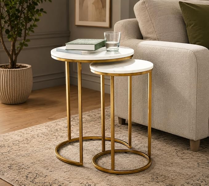 Nesting Side Tables, Gold & White, Set of 2