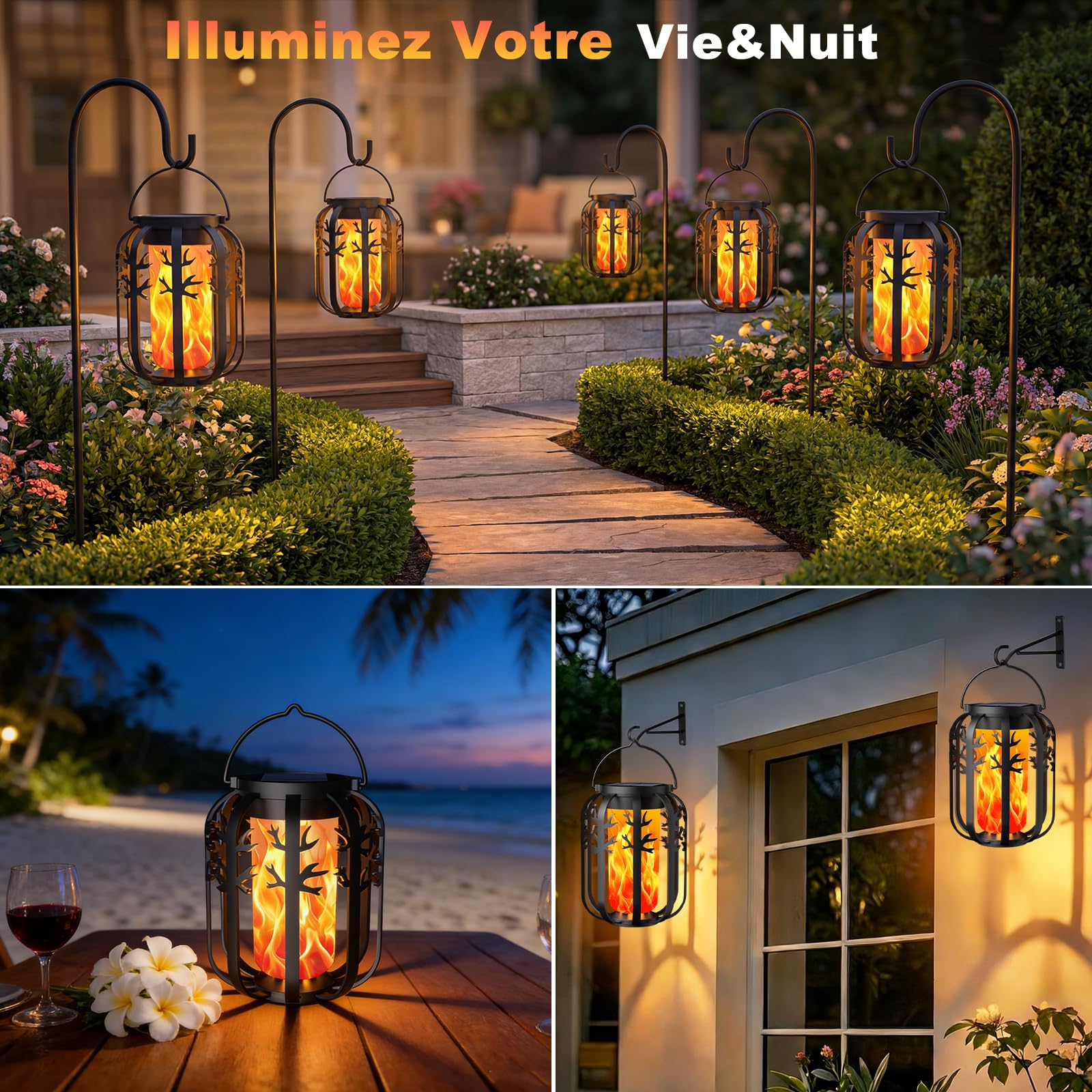 Lampe Solaire Exterieur, 4 Pièces Lanterne Solaire Exterieur avec Gen2 Effet de Flammes Vacillantes, Charge 2 Mode, Imperméables de Lanterne Suspendue pour Jardins Noël Halloween Balcon Deco