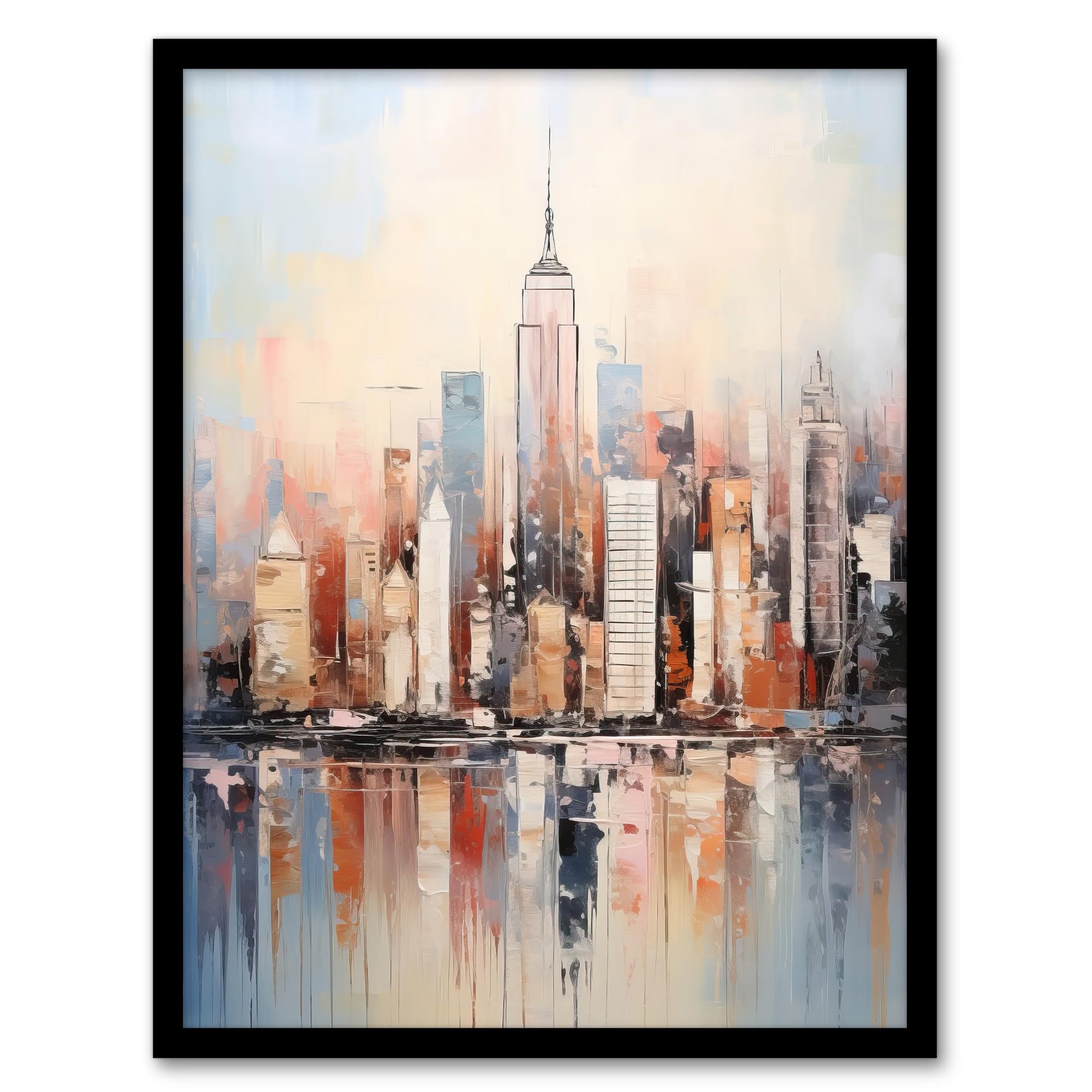 Artery8 Manhattan Skyscraper Reflections Oil Painting By M Hinge Thick Oils Subtle Pastel Colours Artwork Artwork Framed Wall Art Print 18X24 Inch