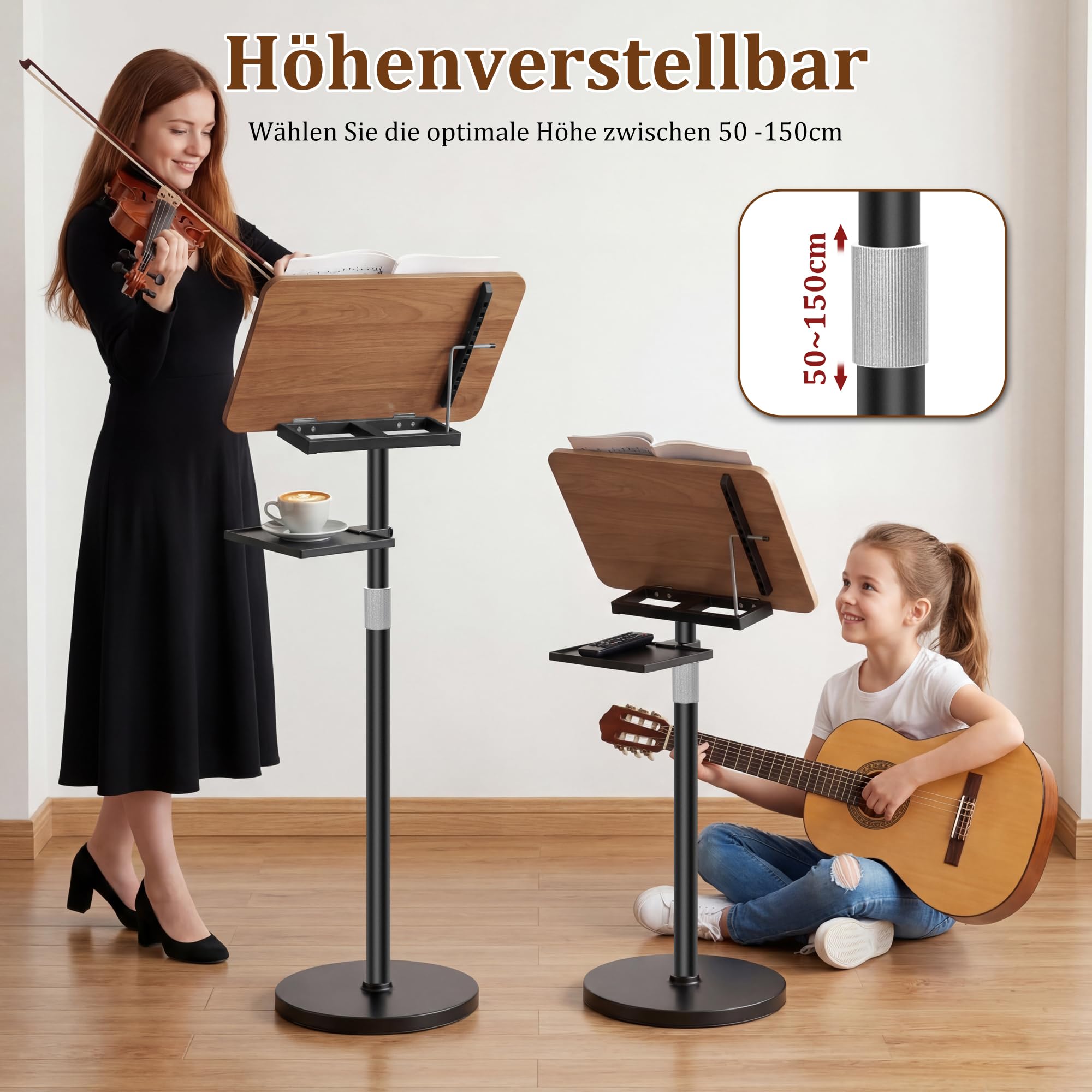 2 in 1 Verstellbarer Buchständer, Höhenverstellbar 50-130cm,Schwarz | Dual-Use Boden & Schreibtisch-Buchhalter, Holz-Kochbuchhalter mit Seitenclips, für Musikblatt, Rezept, Laptop