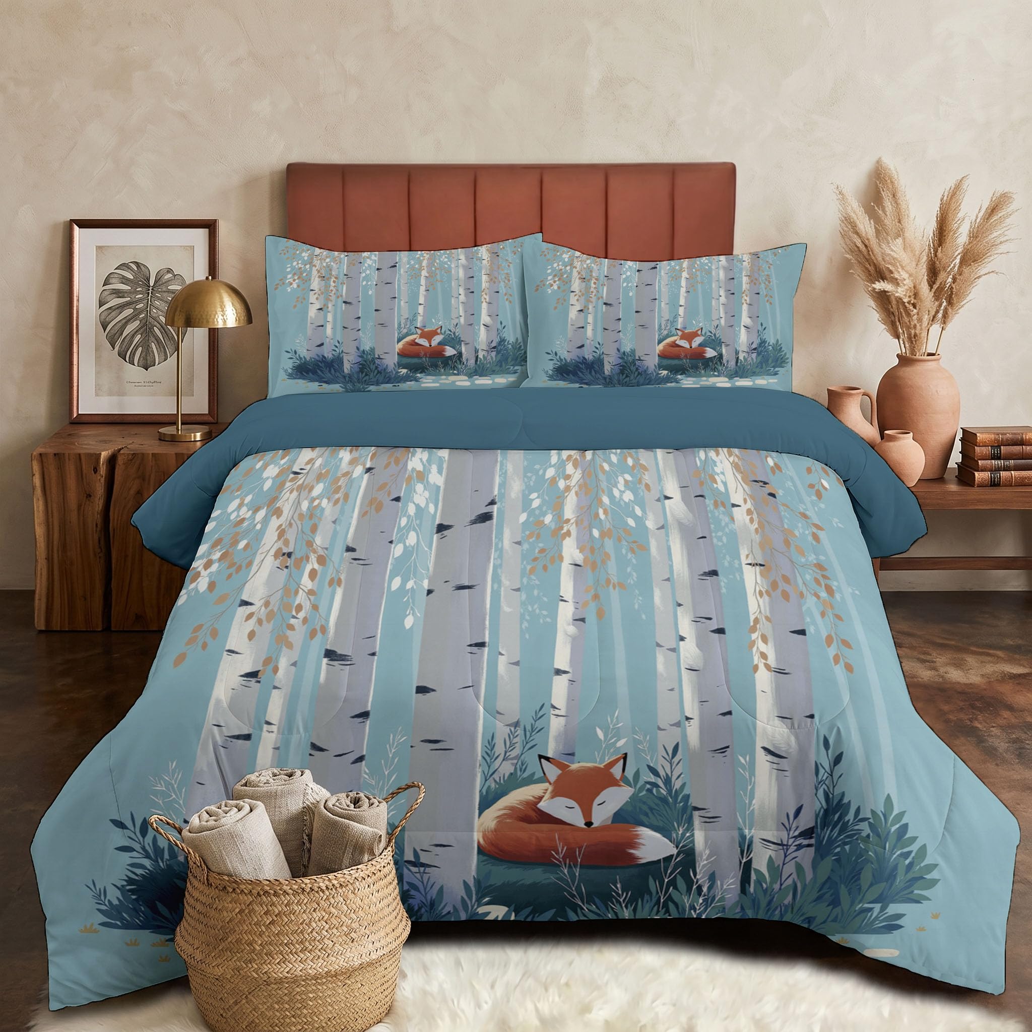 Juego de Edredón Infantil 200x200cm con Almohada para Cama 105 – Relleno Nórdico Bosque De Zorros Edredones Bosque De Abedules En Acuarela 4 Estaciones Nórdico Conforter, Lavable a Máquina, Azul Claro