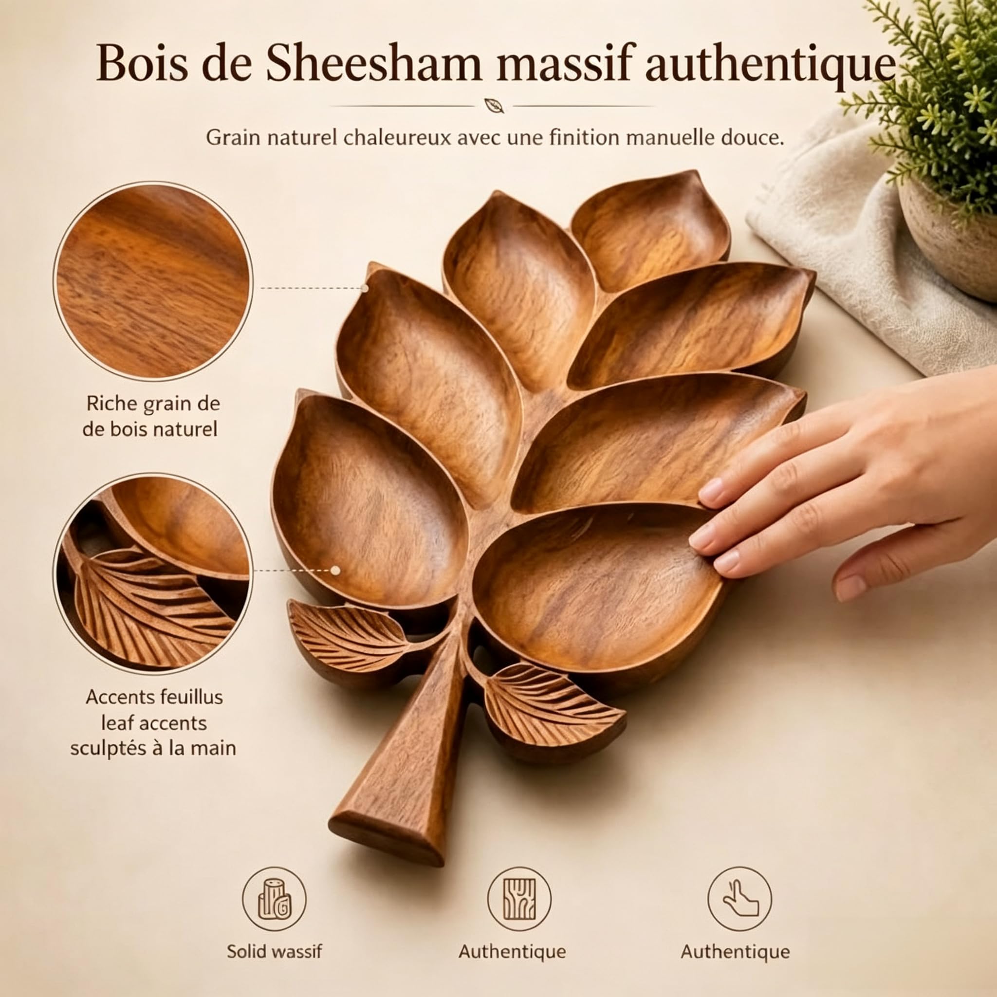Plateau Apéritif en Bois Massif Feuille à 7 Compartiments