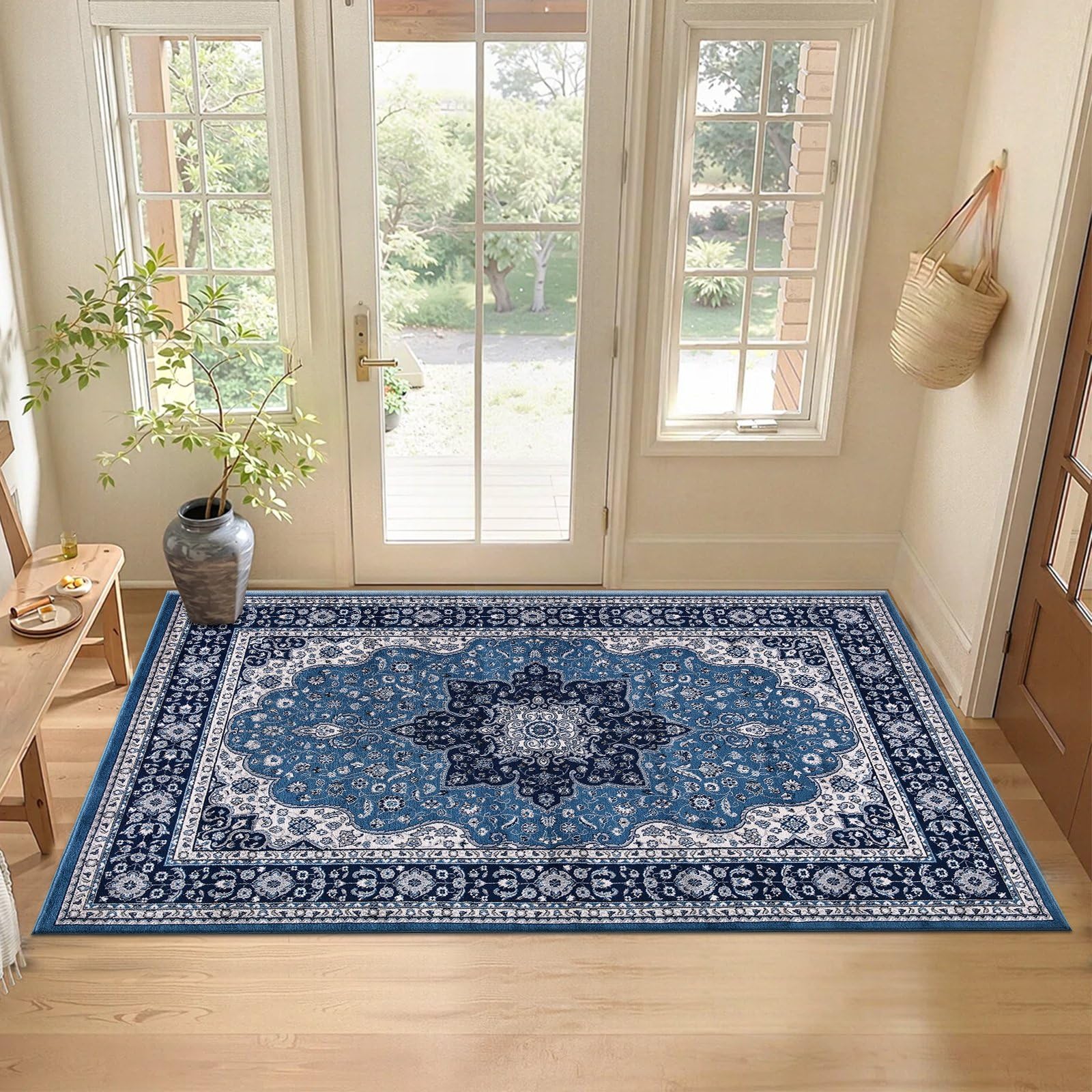 cozily® Door Matt Indoor, Floral Turkish Classical Soft Pile Large Door Mat, Backing Bedroom Decor Anti fatigue office chair Kitchen Doormats - 80 x 150 - Rome Blue — image 1