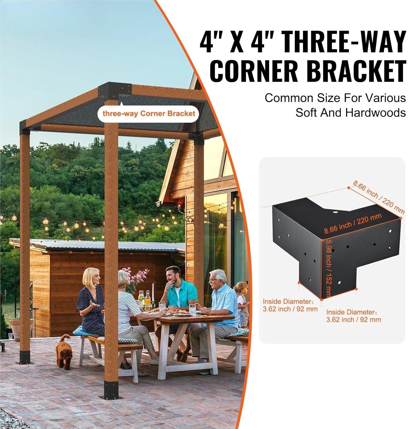 4x4 Three-Way Pergola Bracket Kit (4-Pack) - 2mm Powder Coated Steel w/80 Screws & Sail Mounting Holes