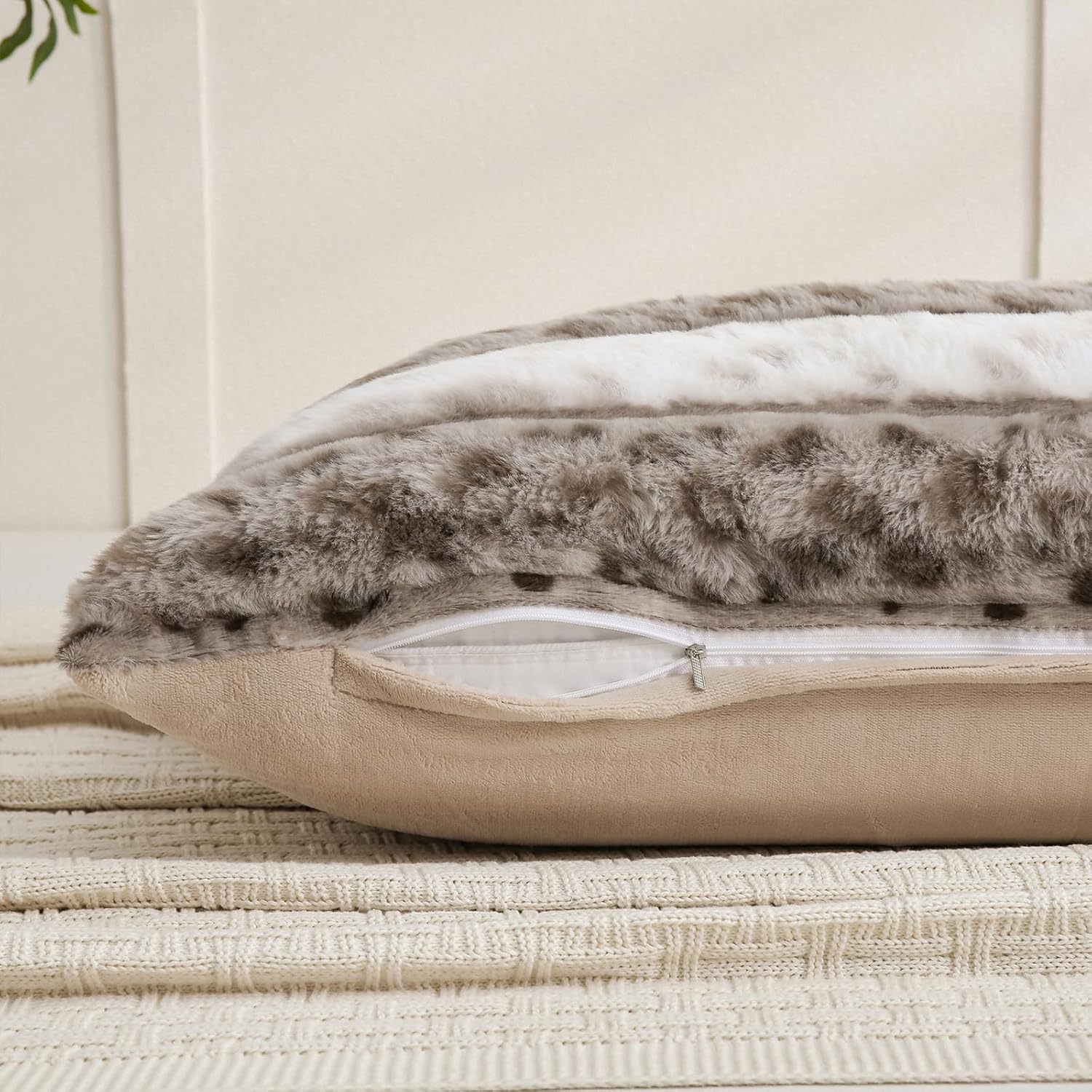 Fuzzy Faux Fur Pillow Case Plush Shaggy Pillow Cover Plaid Check Texture Extra Soft Fluffy Faux Rabbit Fur Fabric Brown Decorative Pillowcases for Bed Couch Sofa, 20 x 30 Inches