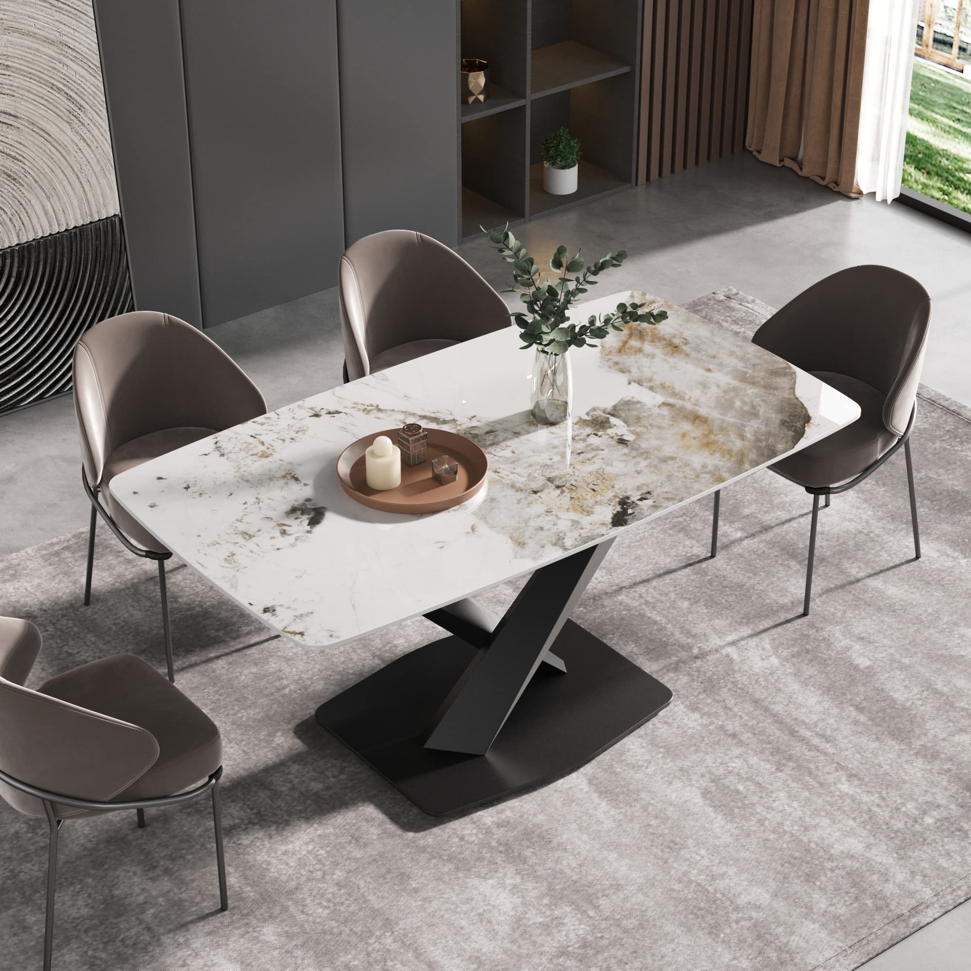 Amazon｜モダンなダイニングテーブル、アンティークホワイト焼結石卓上