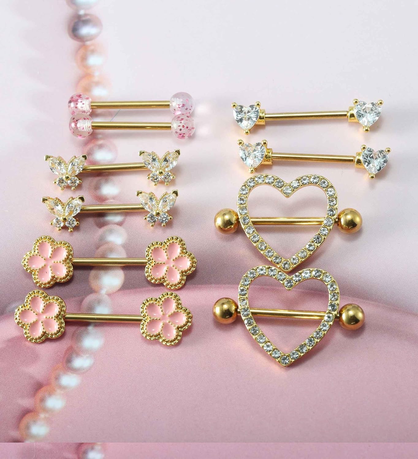 Gold Nipple Piercing Jewelry Surgical Stainless Steel Pink 14G Nipple Rings for Women Cute Heart Cherry Butterfly Hypoallergenic Nipple Piercing Barbell