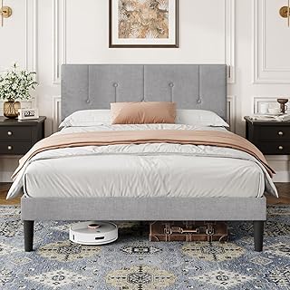 Vesgantti Single Bed Frame with Adjustable Linen Headboard, Solid Wooden Slats & Upholstered Platform, Easy Assembly, No Box Spring Needed, Under Bed Storage, 3FT Single Bed, 90 x 190 cm, Light Grey