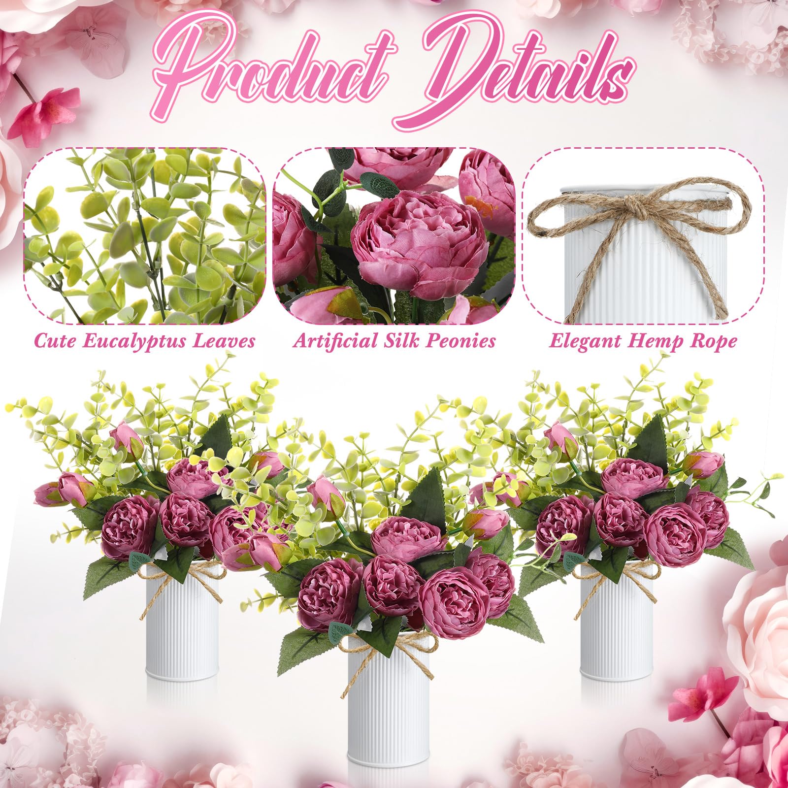 6 Sets künstliche Pfingstrosen, 6 künstliche Pfingstrosen mit Vase, 6 künstliche Eukalyptus, Kunstseide, Pfingstrosen, Blumenstrauß, Frühlingsblumen für Dekoration, Hochzeit, Party, Zuhause,