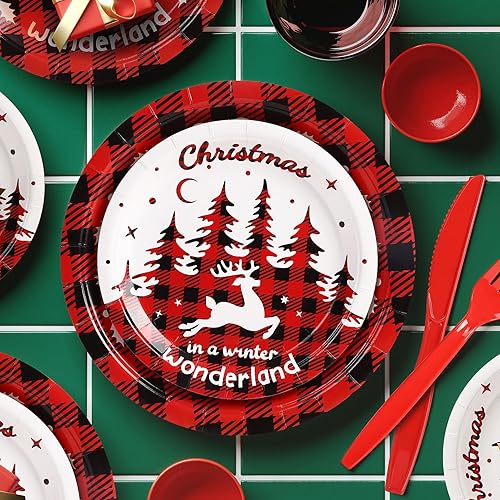 Miniatura 4 de Juego de platos y servilletas de papel de Navidad, platos desechables para fiestas de Navidad, paquete de 225 unidades, platos a cuadros rojos y