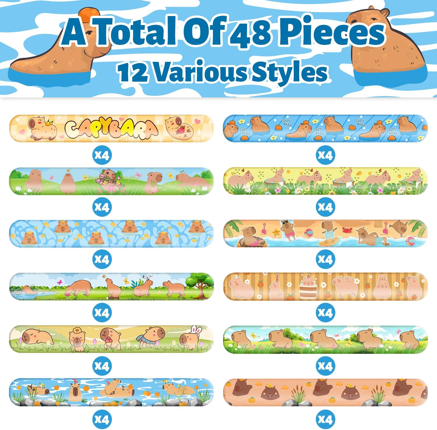 48 PCS Capybara Slap Bracelets Birthday Party Favors and Goodie Bag Fillers for kids Fun Capybara Wristbands for Party Decorations and Supplies
