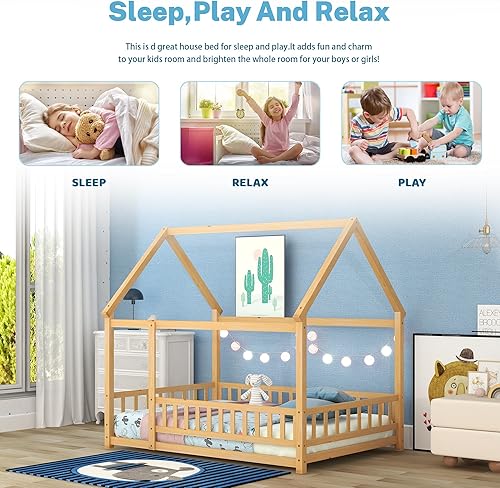 Miniatura 89 de Bellemave Cama Montessori de madera con valla y techo para niños, marco de cama individual para niños, niñas (individual, blanco)