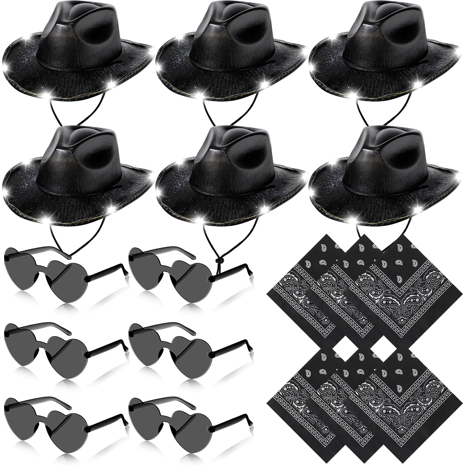 Unittype 18 Pack Cowboy Hat Set Bride Cowgirl Hat Space Cowboy LED Hat with 6 Glasses 6 Bandana for Women Cowboy Costume