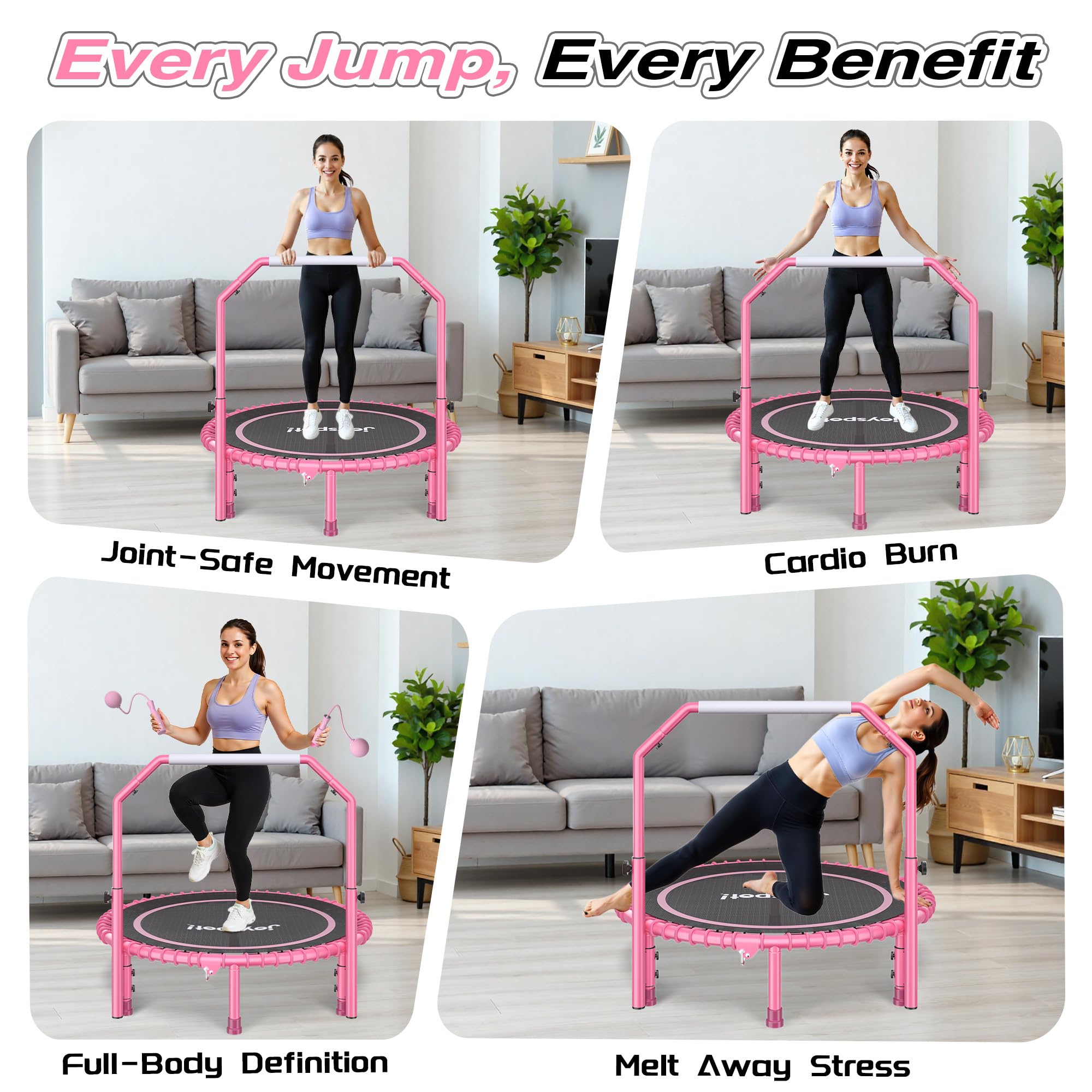 JOY SPOT! Mini Fitness Trampolin, Ø102cm Faltbares Trampoline mit Bungee-Seilen & verstellbarem Griff, Maximale Belastung 204kg, Rebounder Trampolin Indoor Outdoor mit springseile für Heimtraining