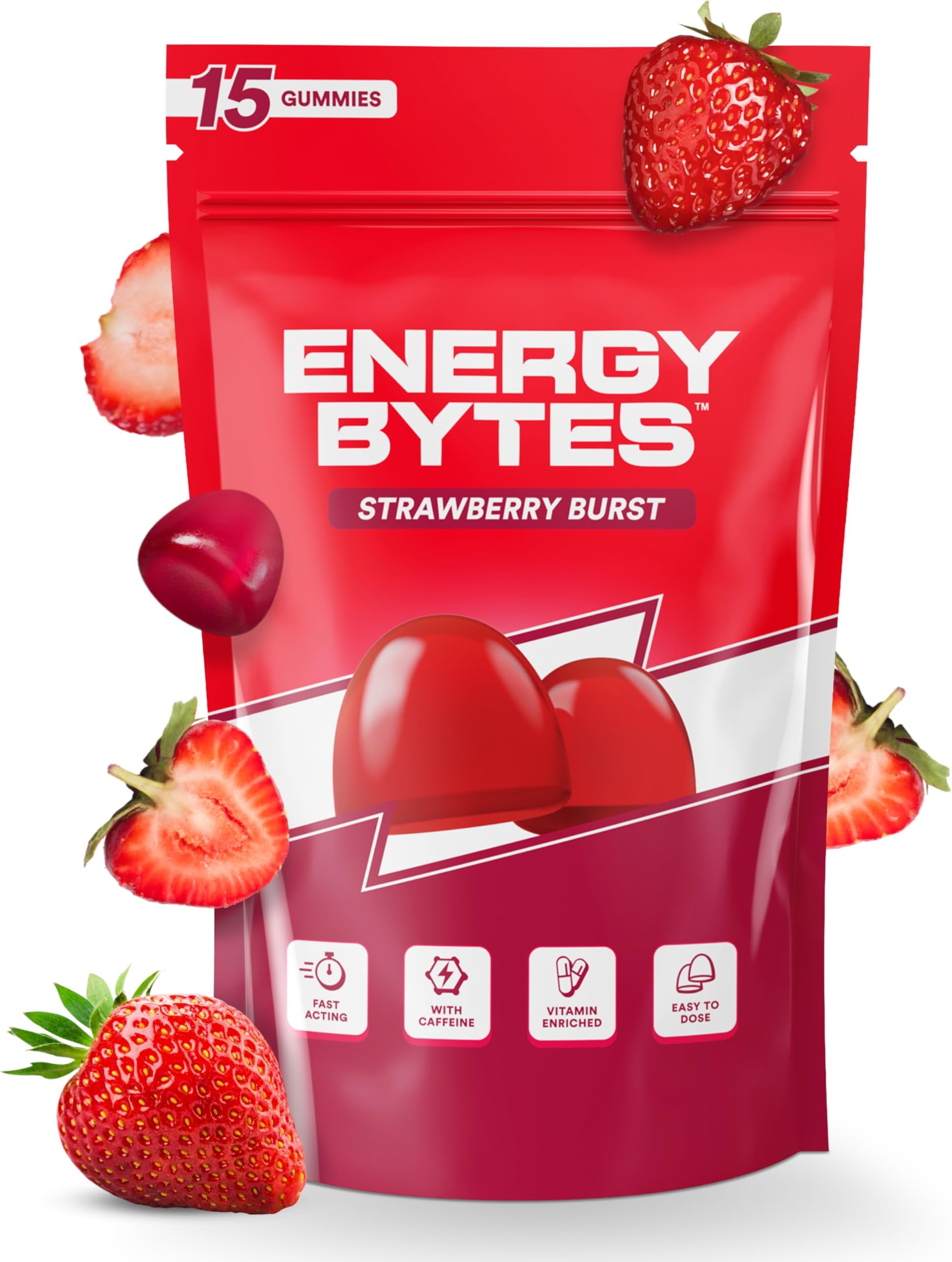 Energy Bytes Caffeine Energy Gummies - Fast, Delicious Boost for Focus & Productivity - Superior to Energy Drinks, Gels, Chews - Vegan, Low Sugar, with Vitamins A, D, B3, B6 & B12 | 15 Count