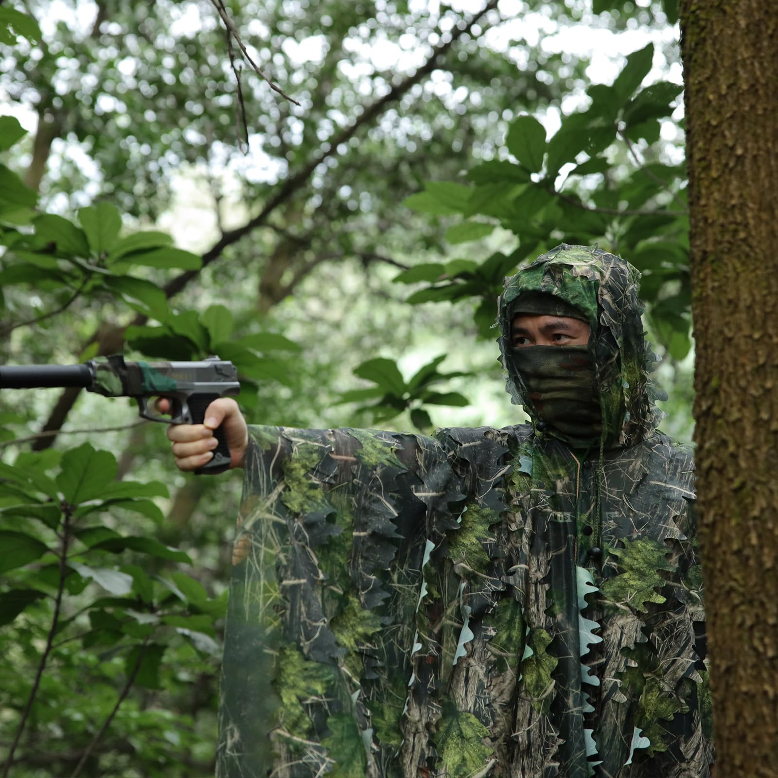 PELLOR 3D-Blätter Ghillie Suit Tarnanzug Ghillie Umhang Schnelltrocknend, Tarnkleidung für Jagd Camping Outdoor Militär Jagd Verdeckt CS Tierfotografie Festschmuck
