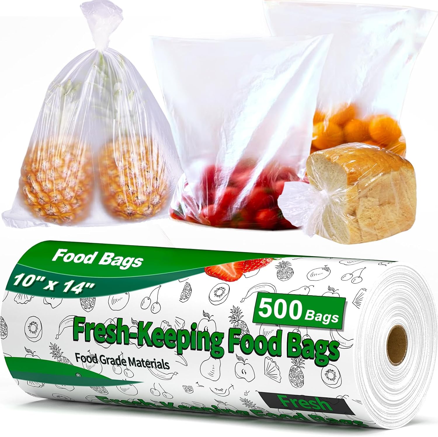 Plastic Produce Bags Roll 10x14 inch, Fresh-Keeping Plastic Bag for Food, Fruit, Vegetable, Bread, Kitchen, freezer, Supermarket, 1 Roll 500 Produce Bags