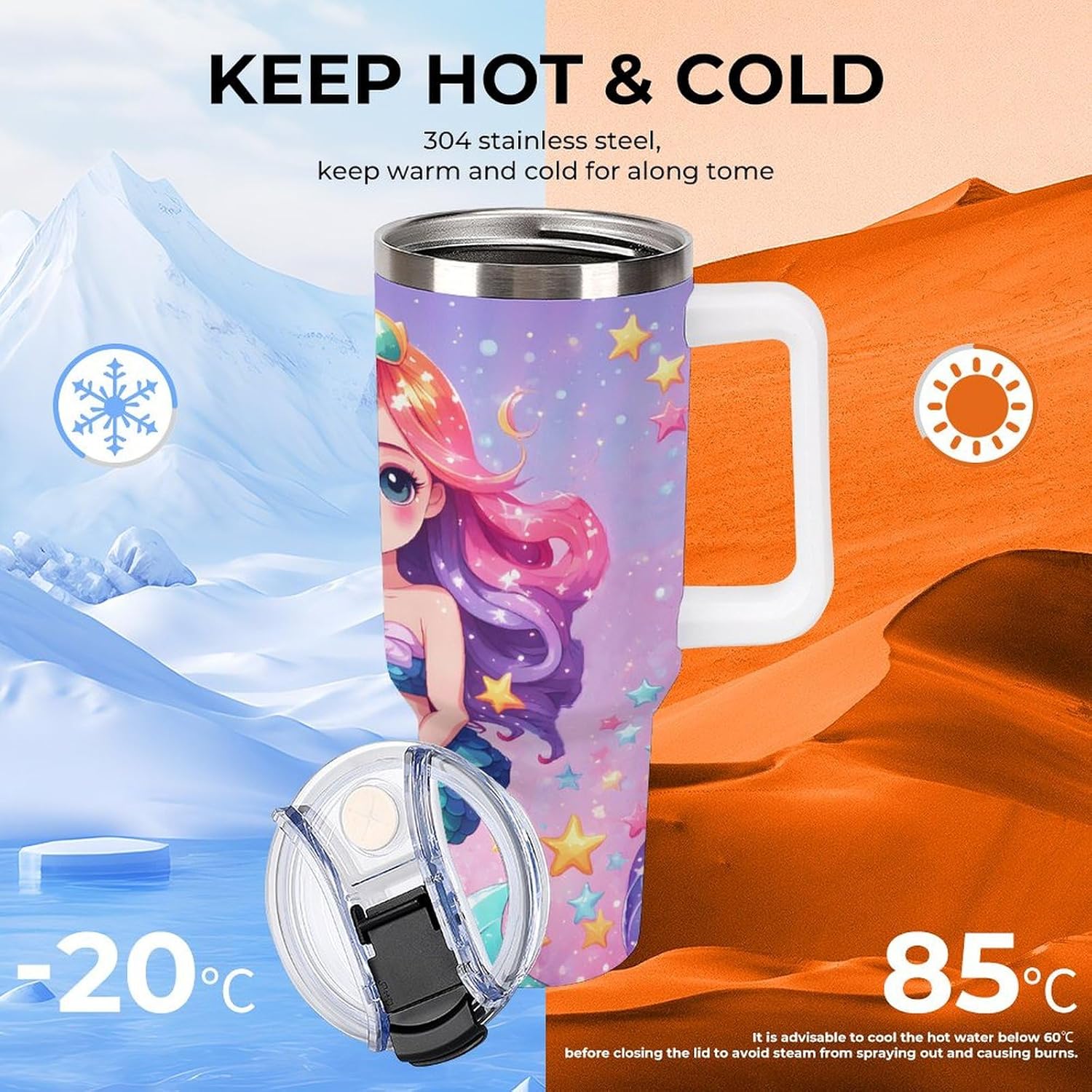 40oz Insulated Stainless Steel Tumbler with Handle, Mermaid Princess Rainbow Scales Leakproof Water Bottles Travel Mug with Lid And Straw for Water, Iced Tea Or Coffee for Most Car Cup Holder