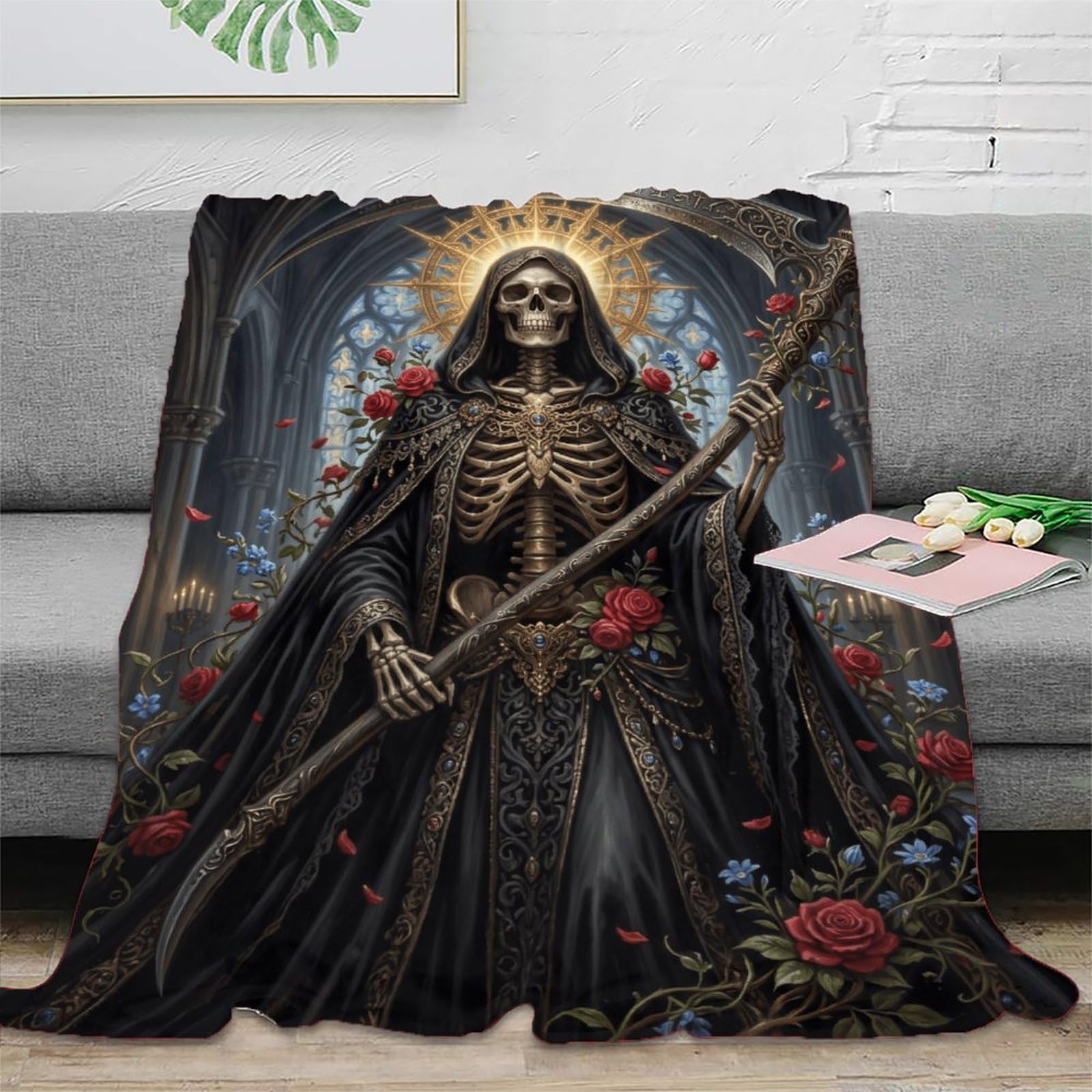 H3B8U2Y5 Grim Reaper Gothic Roses Throw Blanket, Flannel, Reading