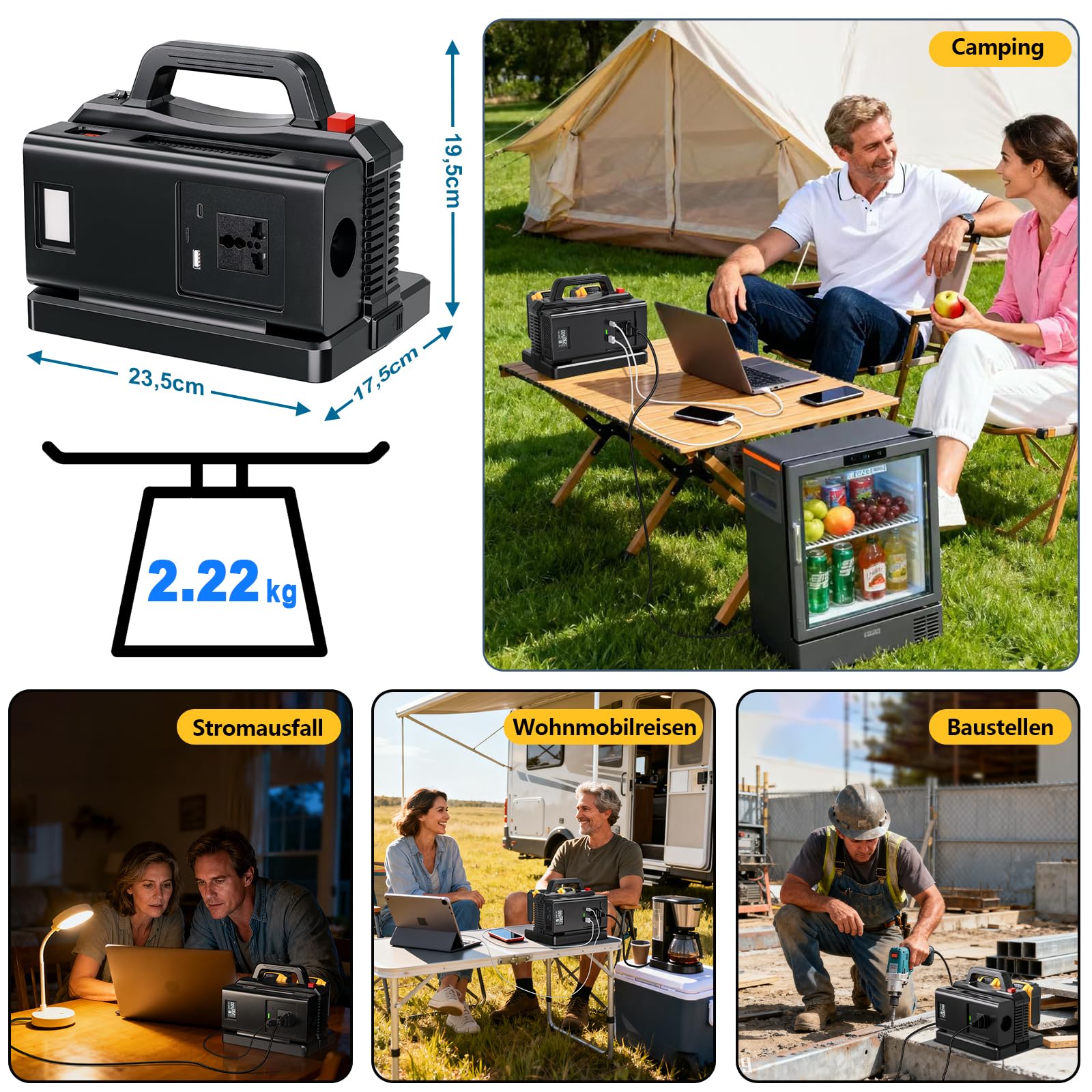 2-in-1 Wechselrichter Ladegerät für DeWalt 18V Akku, 500W Spannungswandler, 2-Port DC 18V Auf AC 230V Reiner Sinus Wechselrichter, Stromwandler für Camping, Wohnmobil(Batterie Nicht Enthalten)